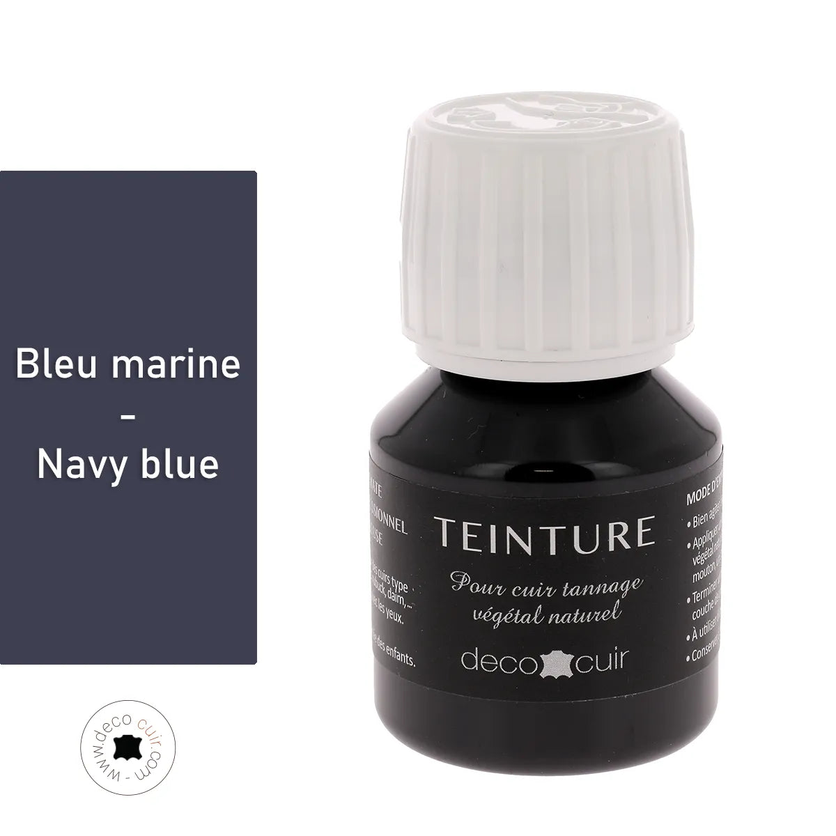 Teinture à base aqueuse Deco Cuir en bleu marine pour cuir, appliquée sur une surface en cuir.