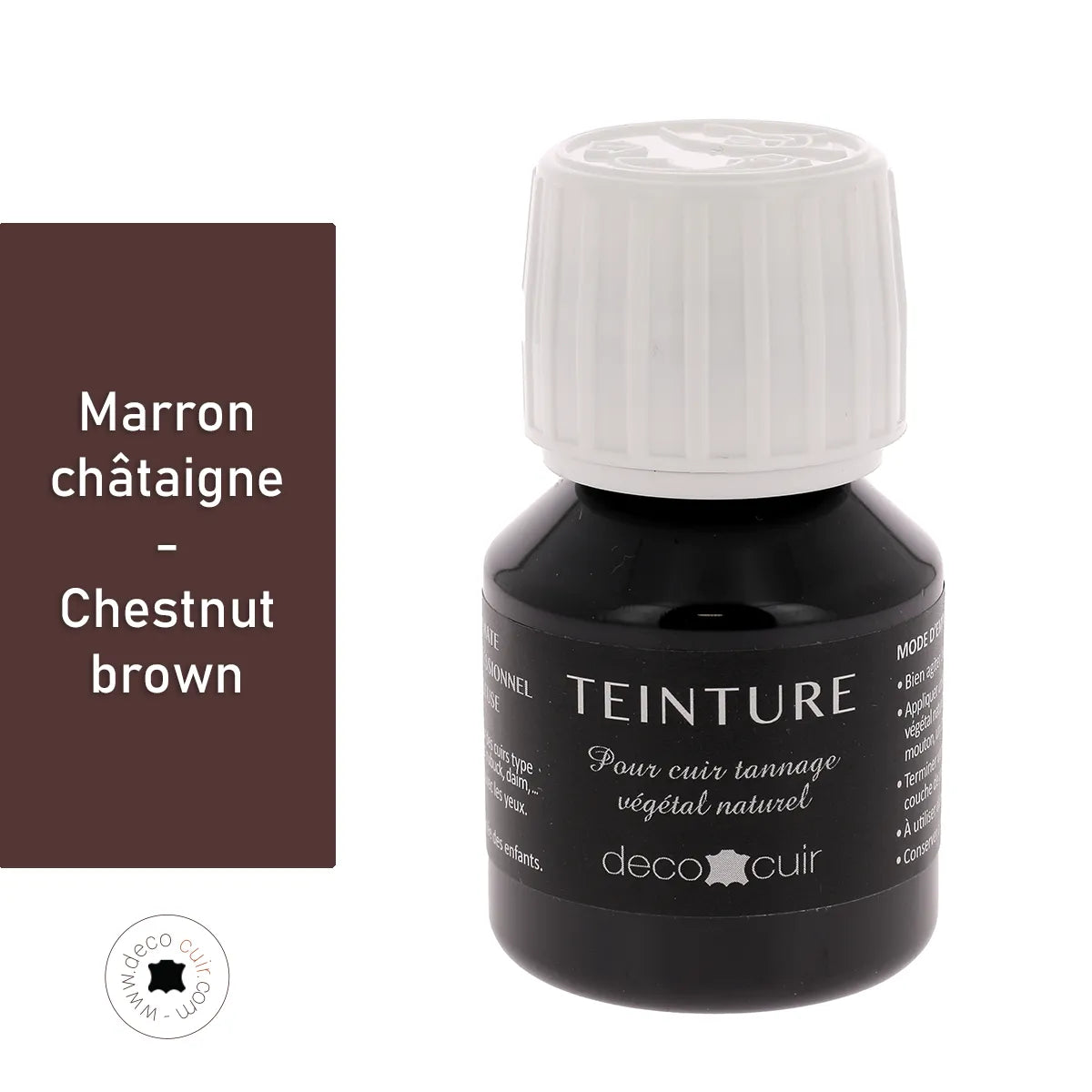 Teinture pour cuir Deco Cuir, base aqueuse, couleur marron châtaigne, idéale pour réparer et colorer le cuir naturel.