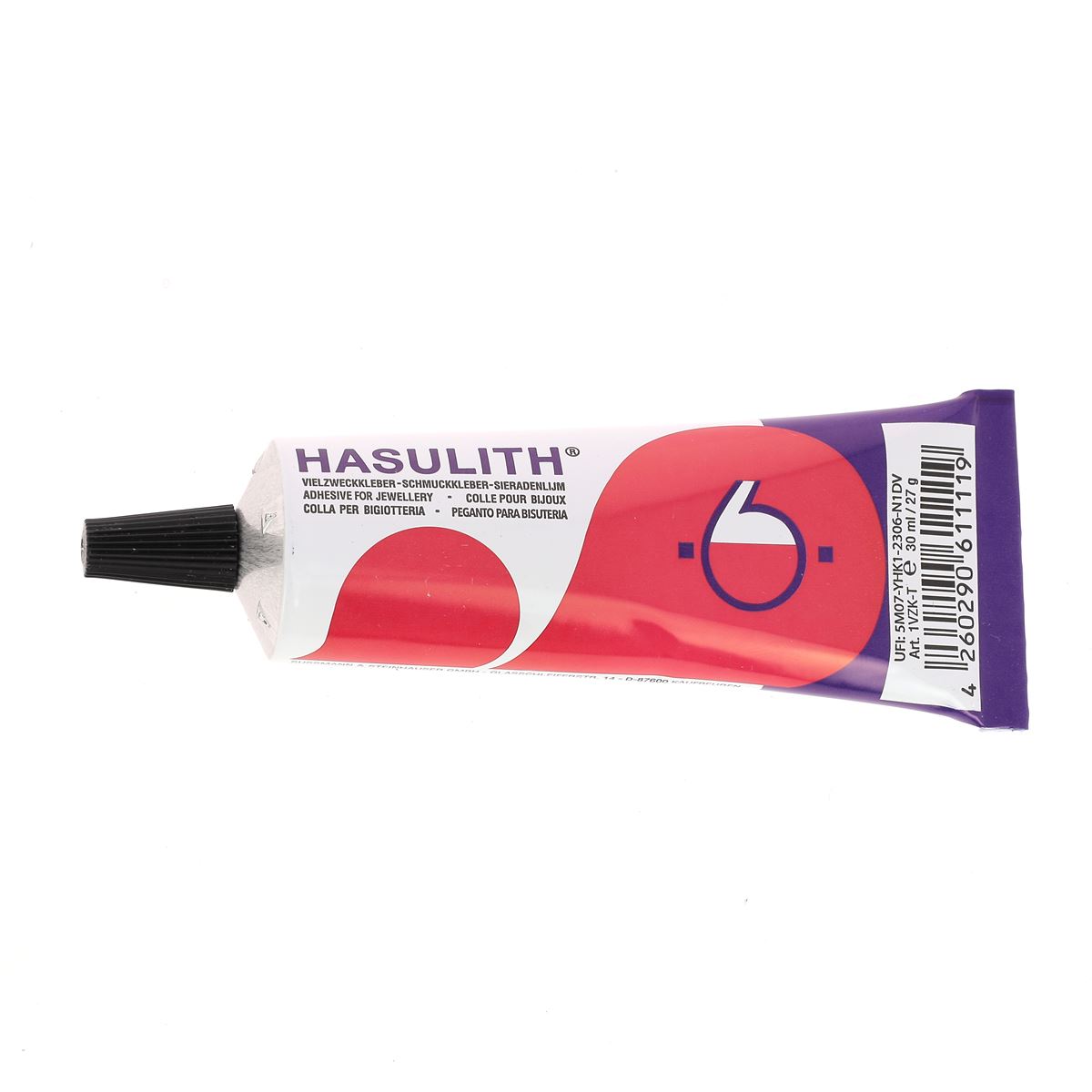 Colle pour bijoux Hasulith de 30ml, spécialement conçue pour fixer le cuir, en bouteille avec étiquette visible.