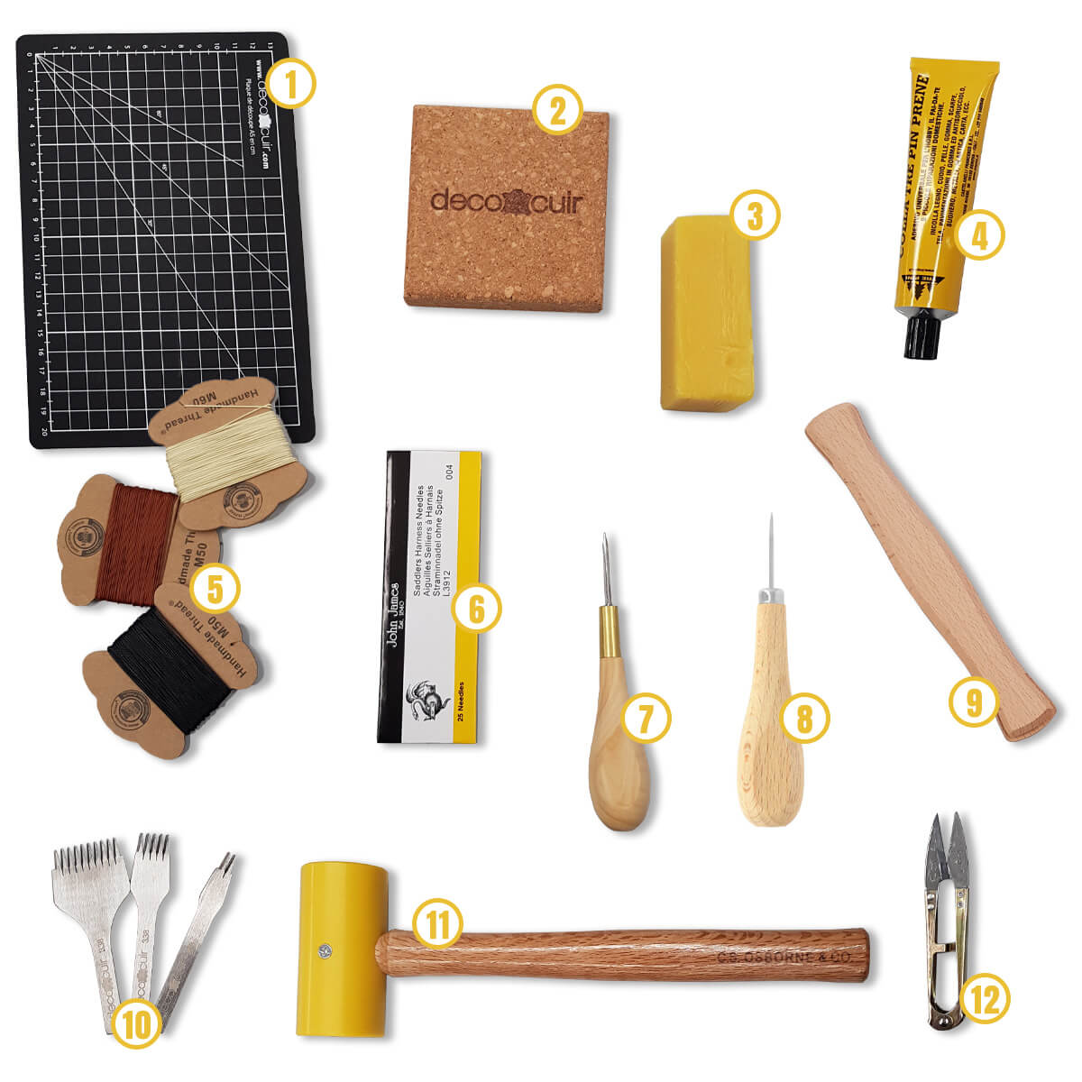 Kit d'outils pour la couture du cuir à la main Deco Cuir, comprenant aiguilles, fils et outils pour travailler le cuir.