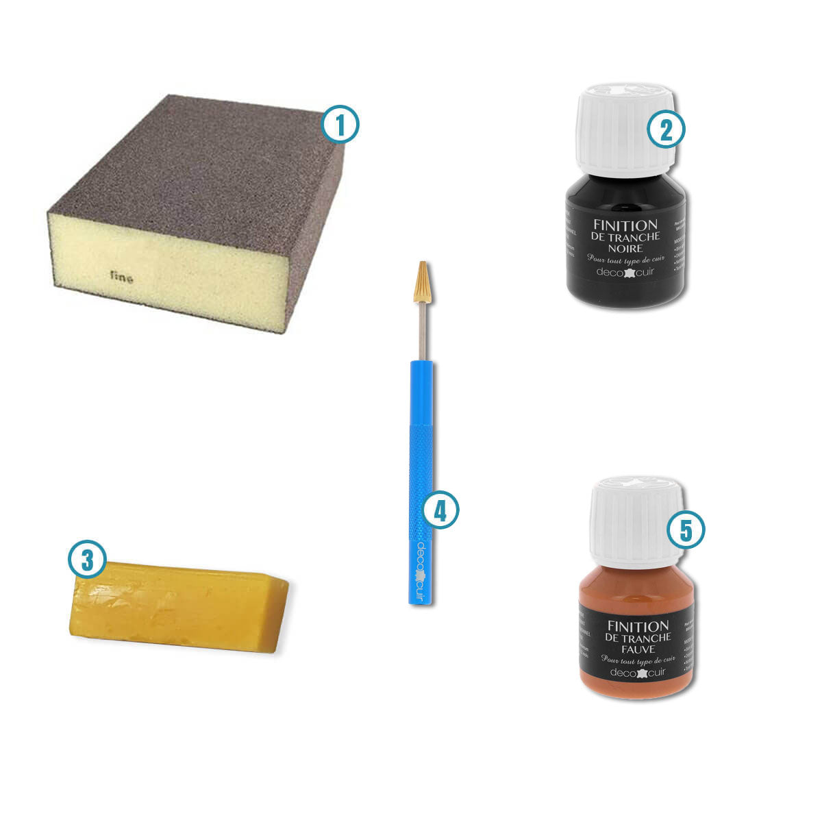Set d'outils Deco Cuir pour travailler les tranches de cuir, comprenant pinceaux, couteaux et accessoires pour finition.