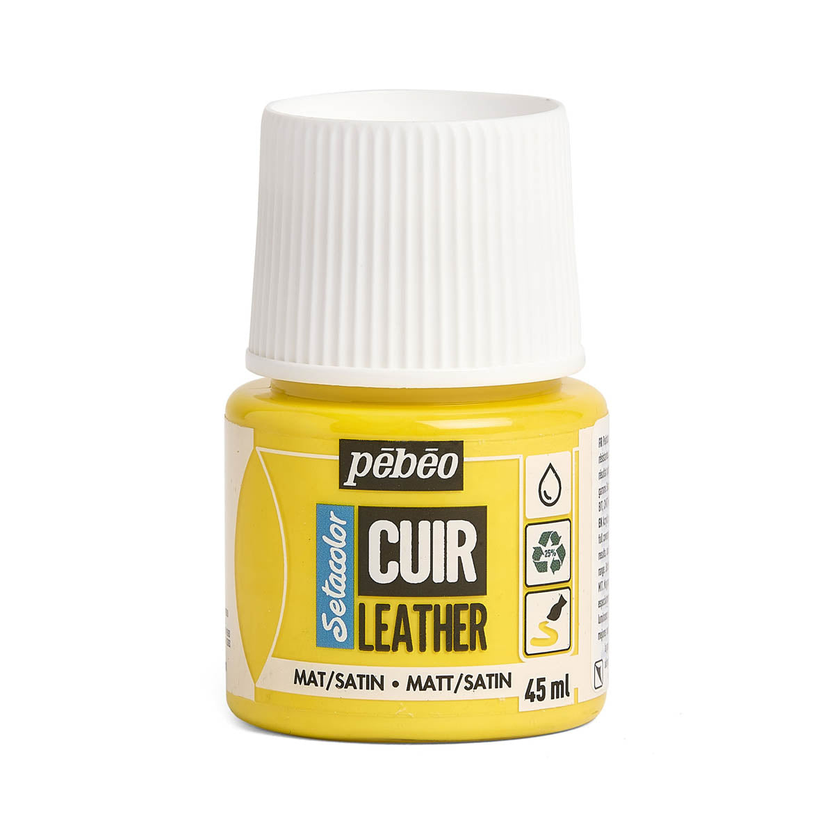 Peinture pour cuir acrylique Pébéo Setacolor, 45ml, finition mate ou satinée, couleur jaune vif, bouteille avec étiquette.