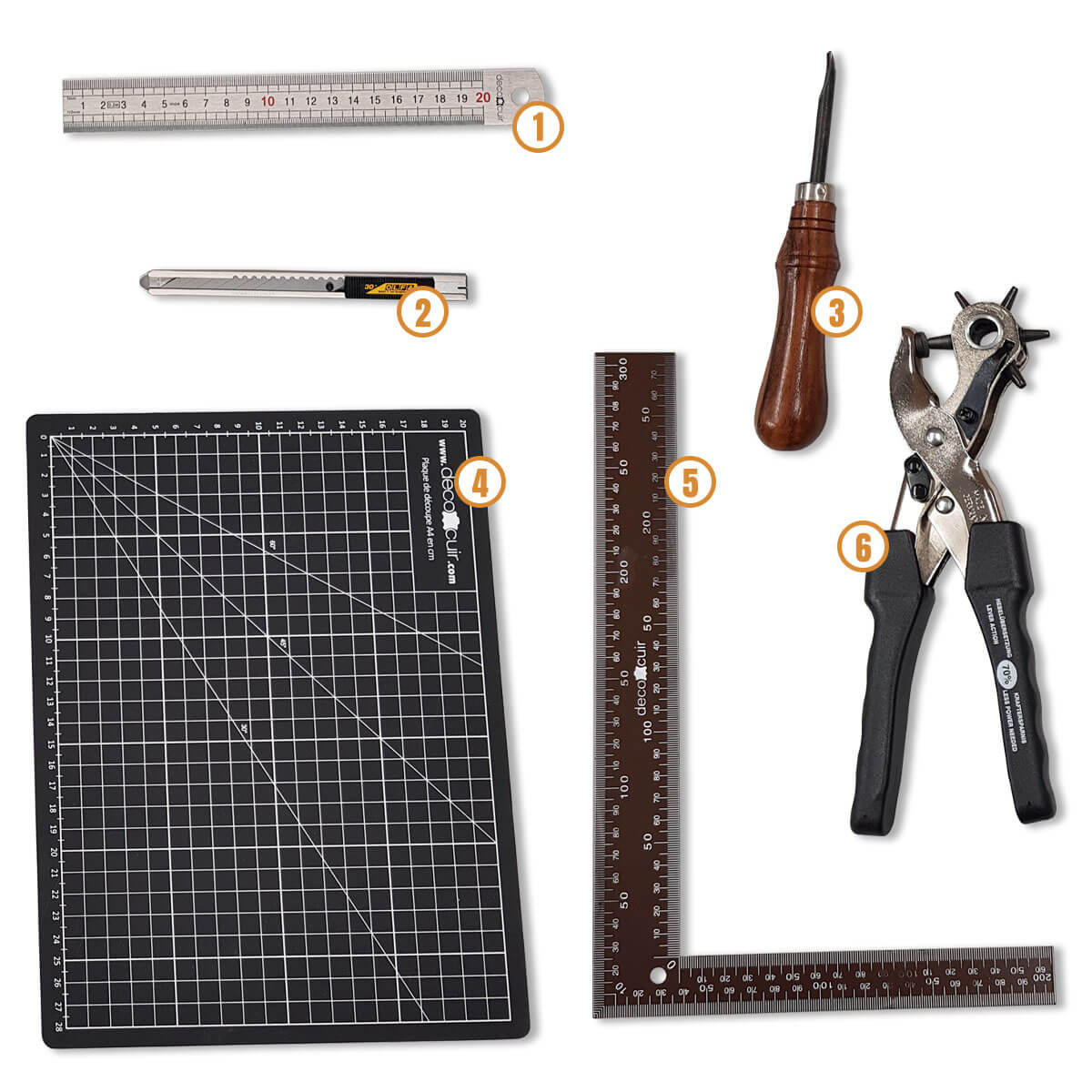 Kit d'outils de découpe du cuir Deco Cuir avec 4 outils essentiels pour la coupe de cuir.