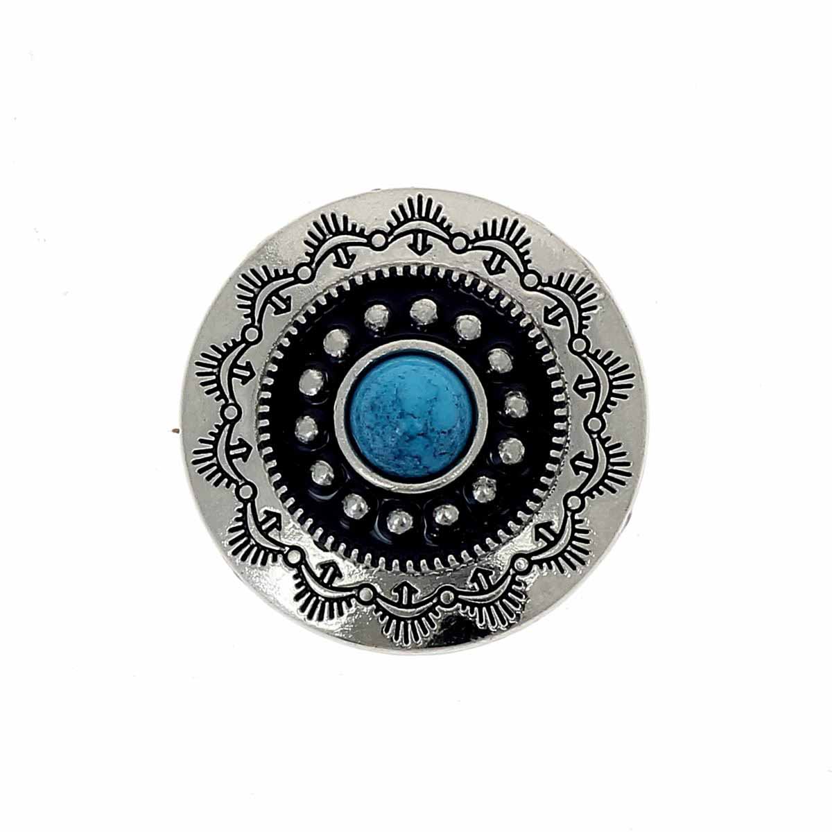 Concho à visser rond Tiare de 30mm en nickelé, accessoire pour bijoux ou maroquinerie, avec pierre bleue.
