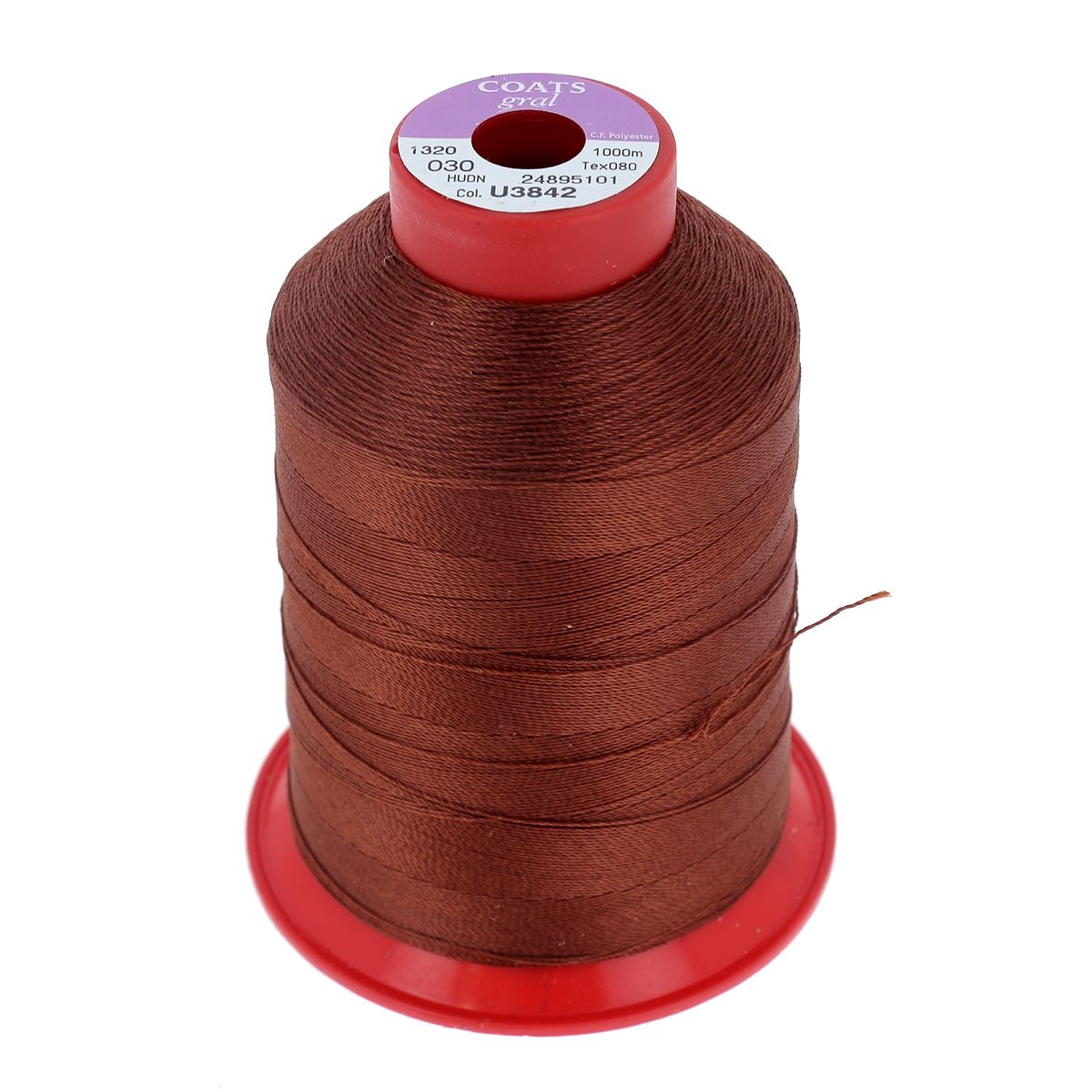 Bobine de fil polyester GRAL N°30 Coats, 1000m, marron moyen pour couture et mercerie, vue de la bobine.