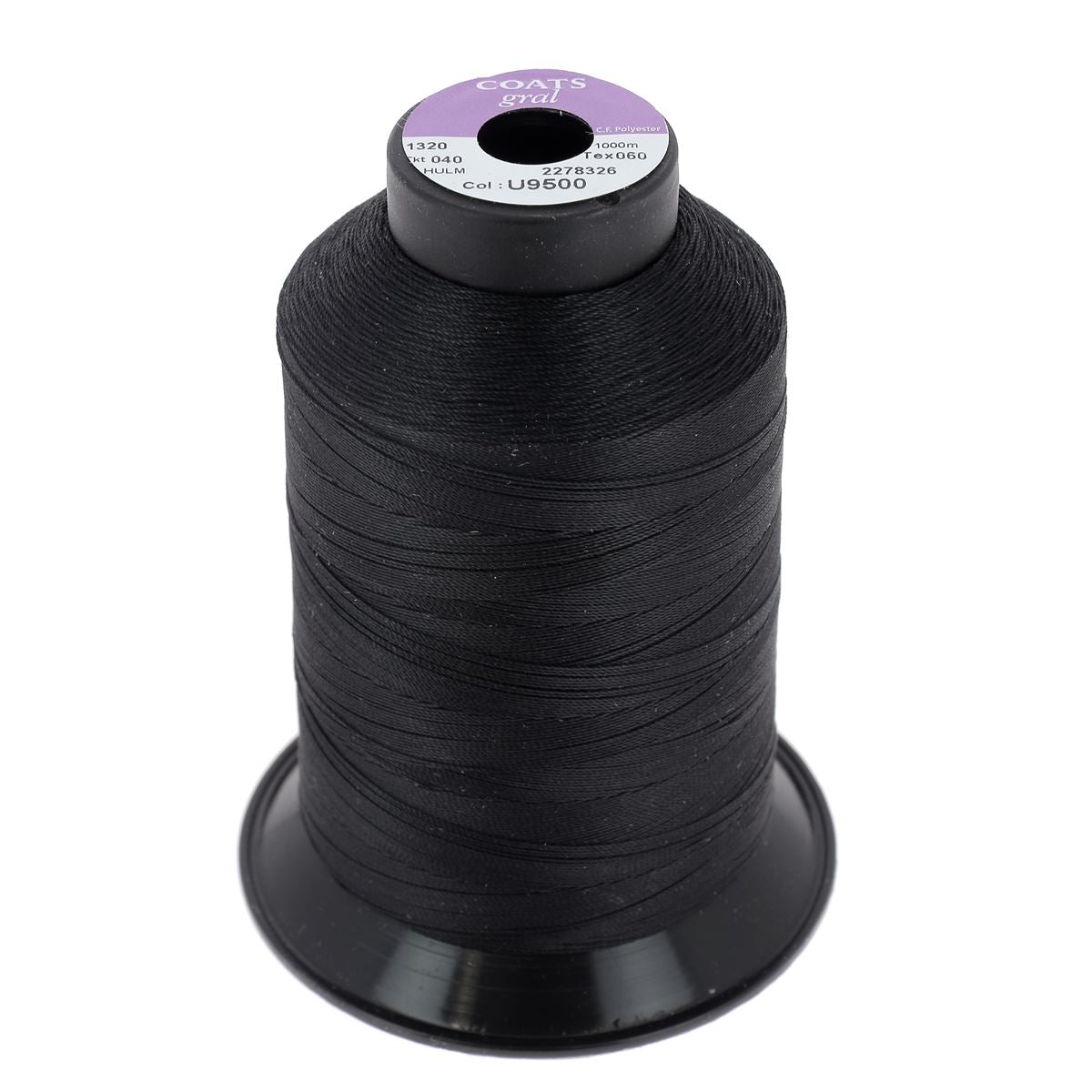 Bobine de fil polyester noir GRAL N°40 Coats, mercerie, 1000m, vue de la bobine avec étiquette visible.