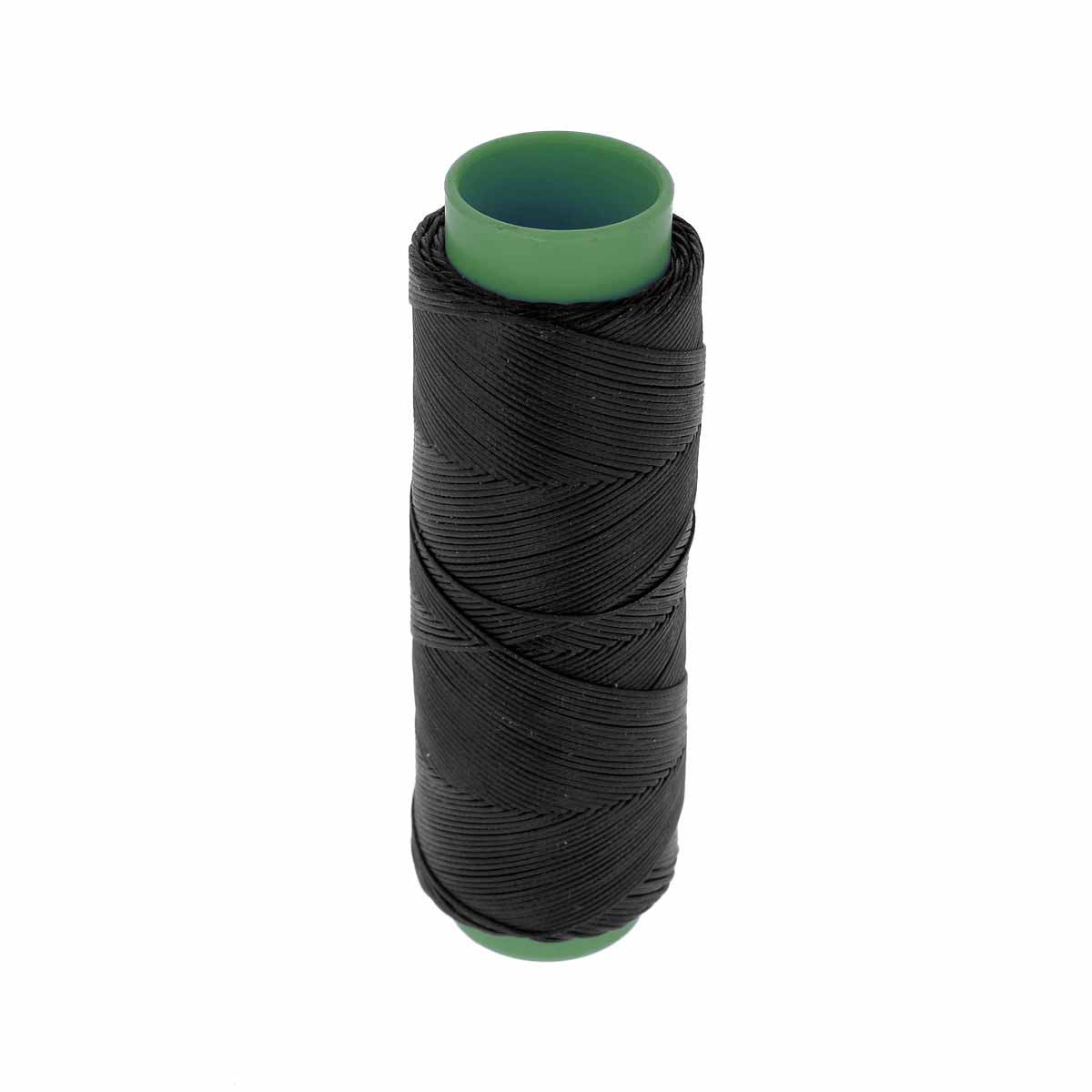Bobine de 100m de fil polyester tressé et ciré noir, diamètre 1mm, pour couture ou artisanat, image montrant la bobine.