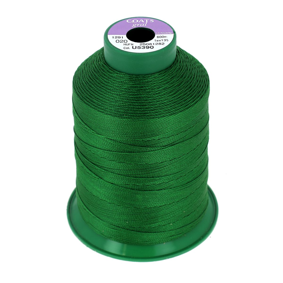 Bobine de fil polyester GRAL N°20 vert moyen de 600m, marque Coats, pour mercerie, vue de près.