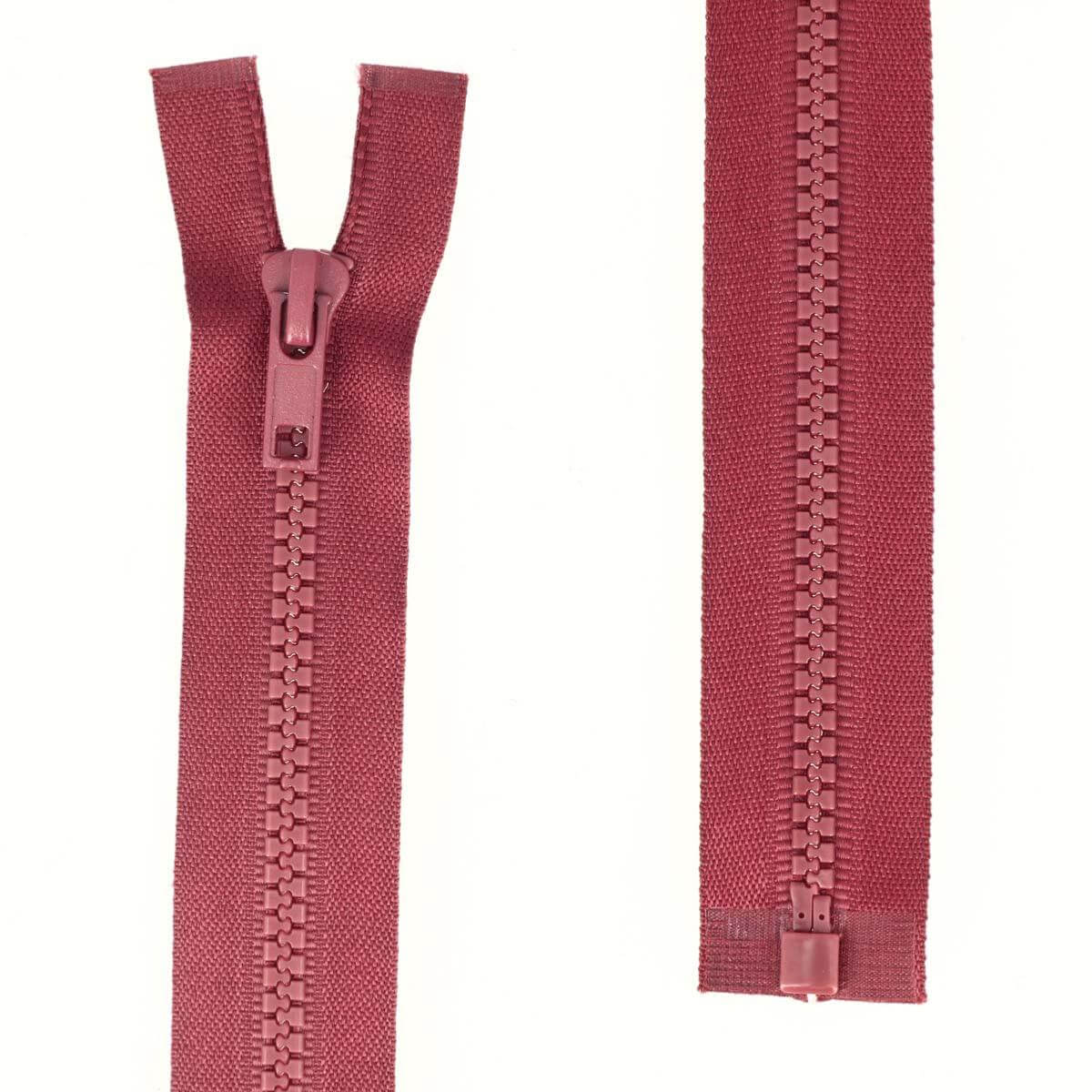 Fermeture à glissière séparables en plastique de 6mm de couleur bordeaux, pour vêtements ou accessoires.
