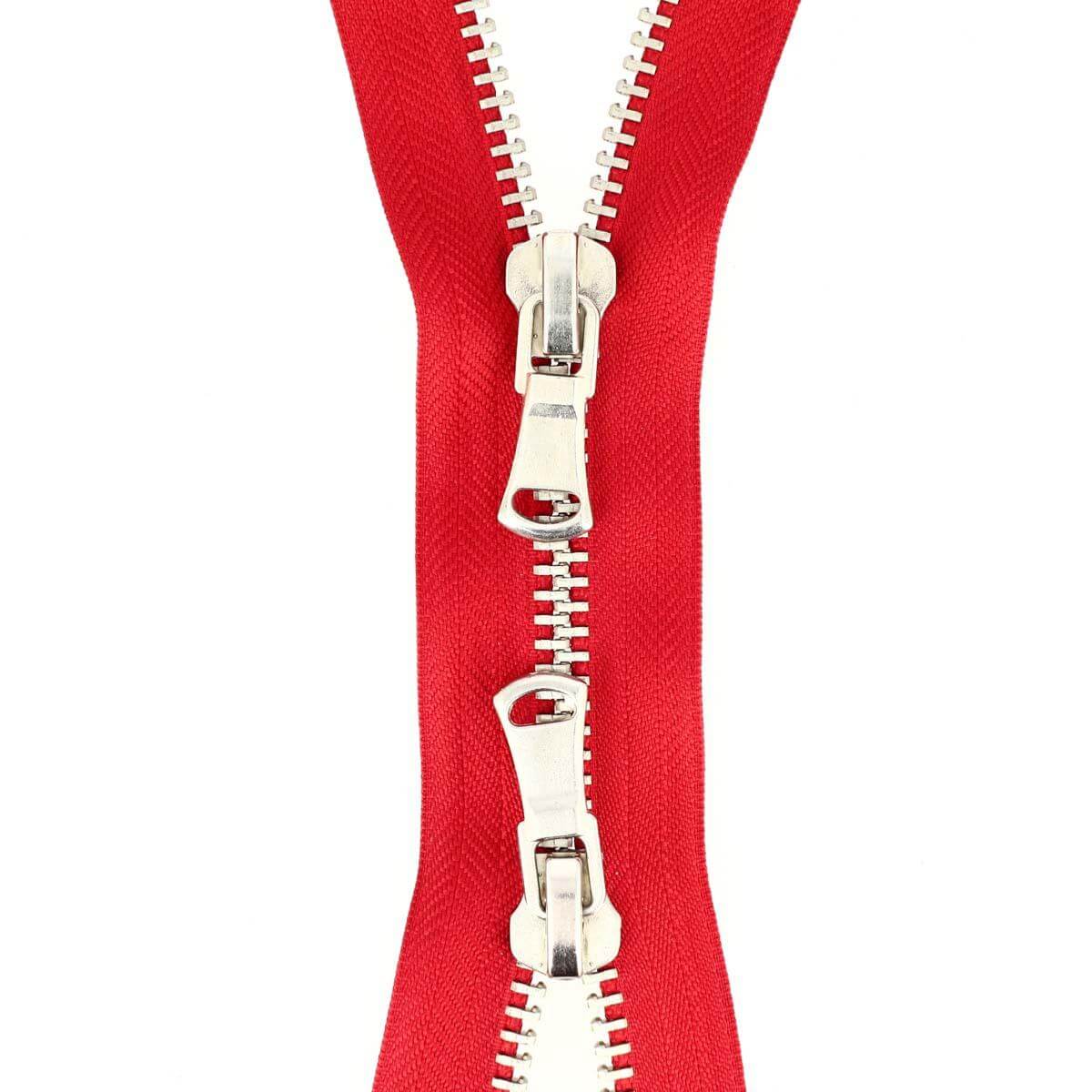 Fermeture éclair double curseur en métal nickelé de 8mm, mercerie pour vêtements, rouge, marque Autres.