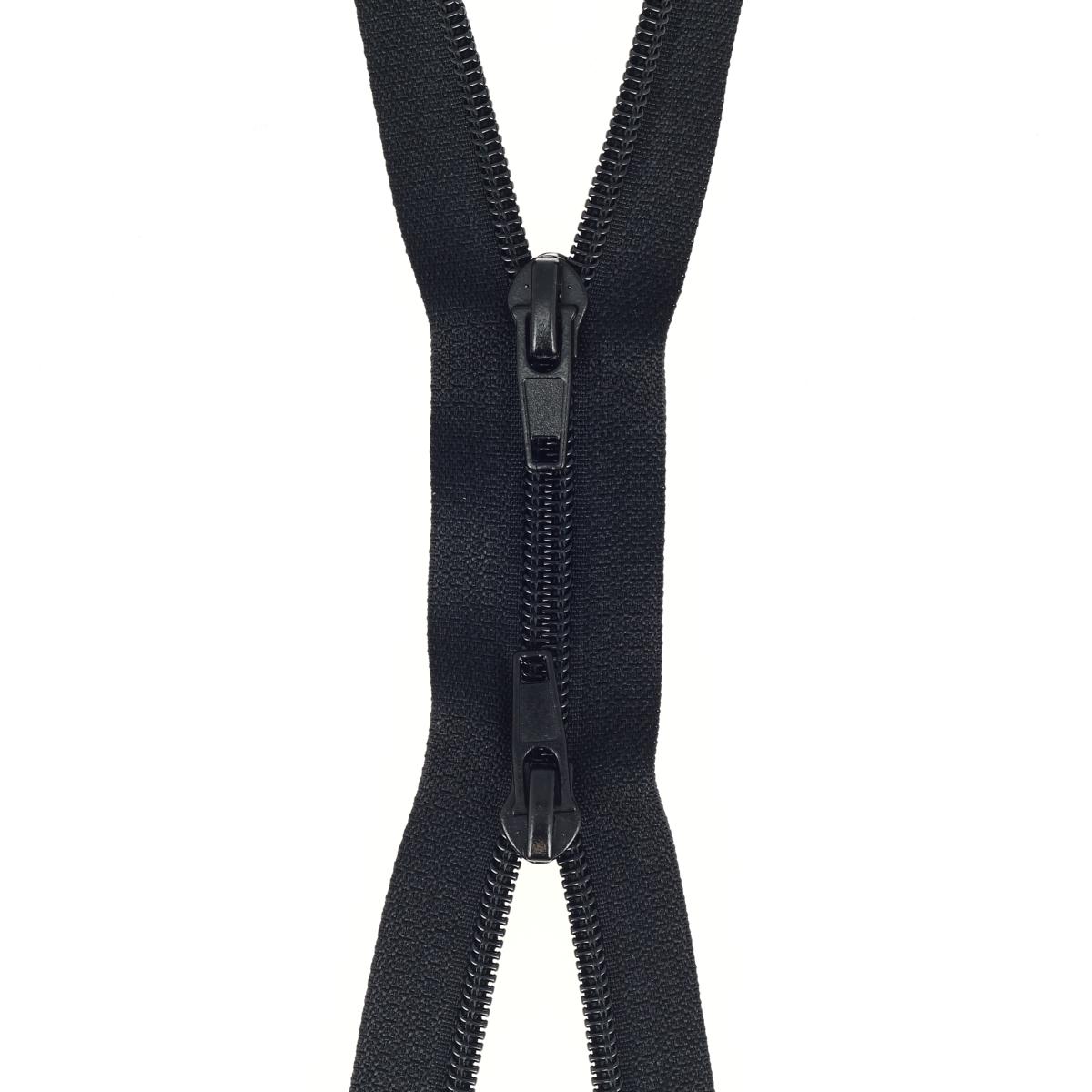 Fermeture à glissière double curseur en nylon noir de 6 mm, produit de mercerie, vue rapprochée.