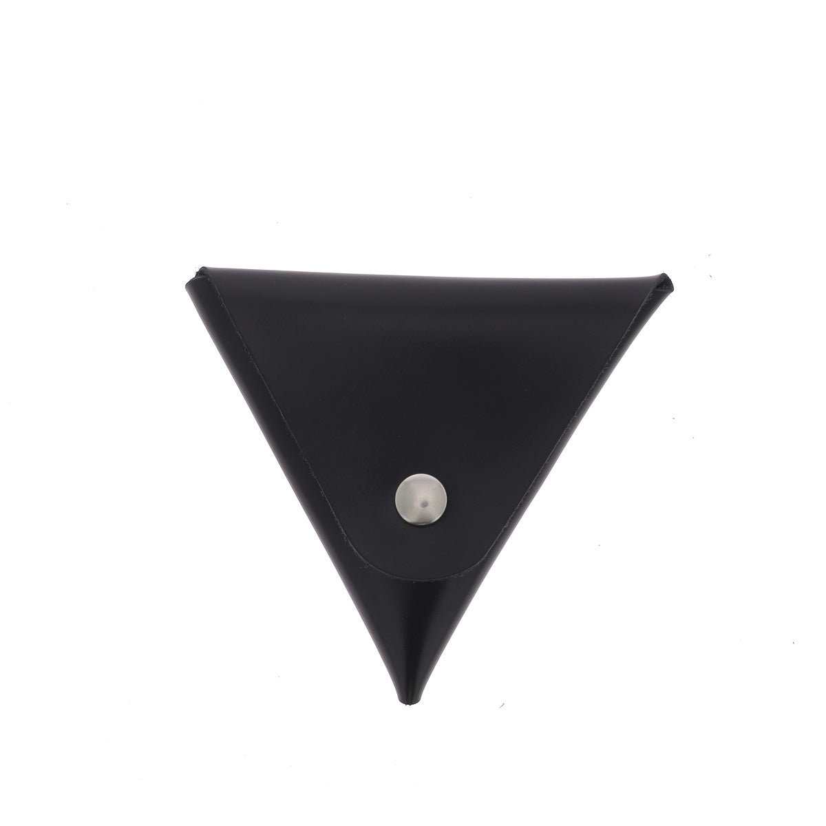 Porte-monnaie triangle en cuir noir avec découpes de cuir, fabriqué par Deco Cuir, vue de face sur fond neutre.