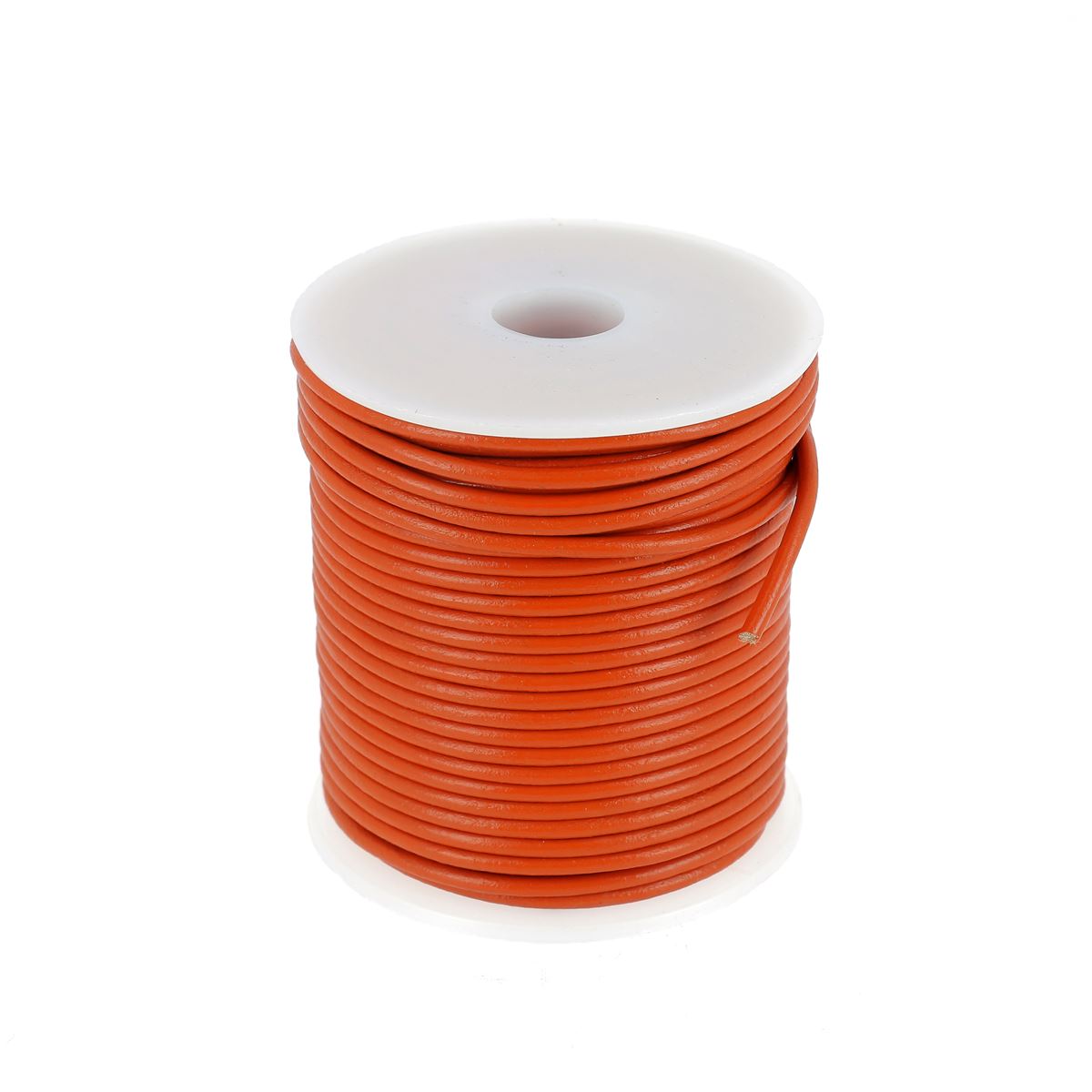 Lacet en cuir rond de 2 mm de couleur orange de 1 mètre, fabriqué par Deco Cuir, pour chaussures ou accessoires.