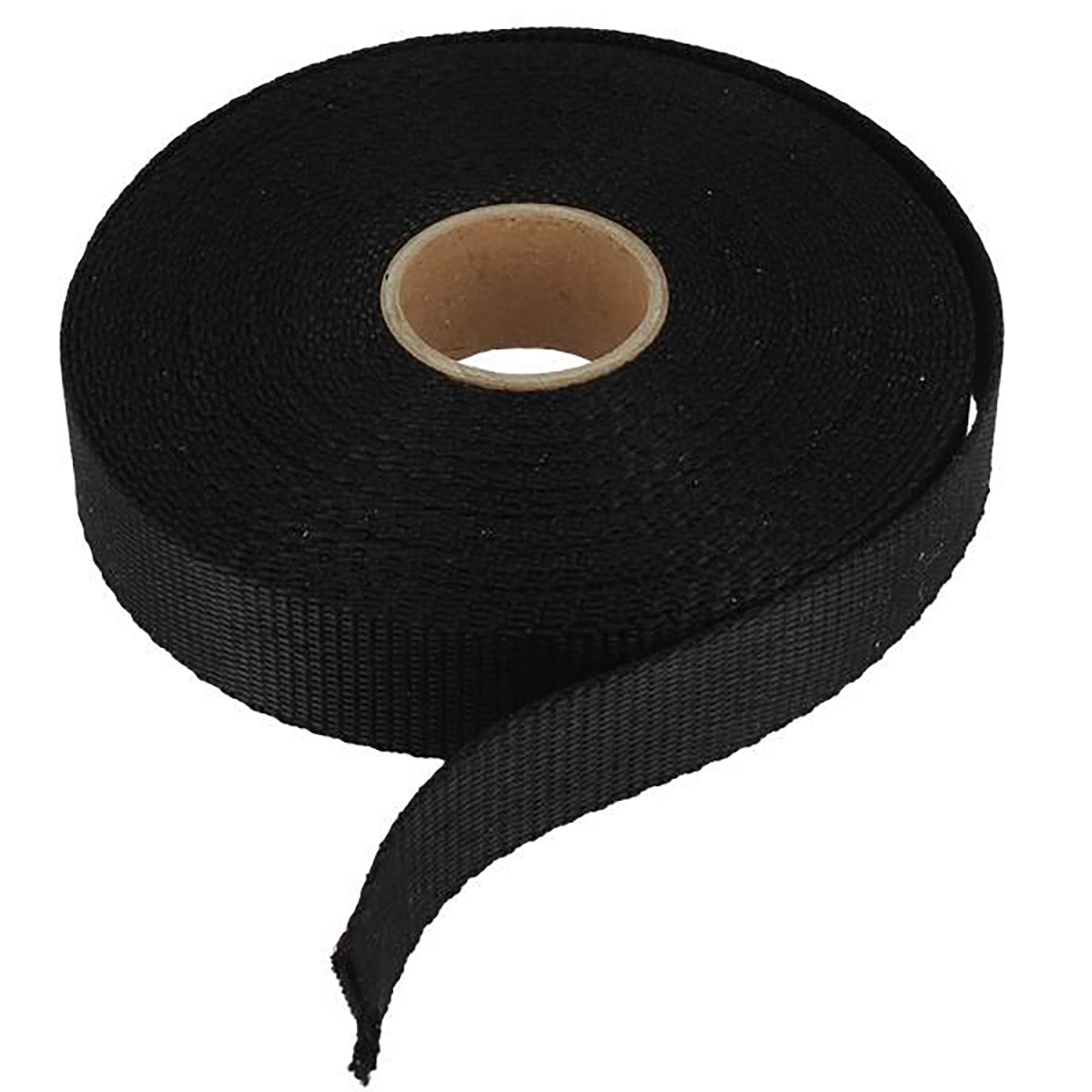 Sangle en nylon noire pour mercerie, résistante et flexible, visible sur fond clair dans une image de produit.