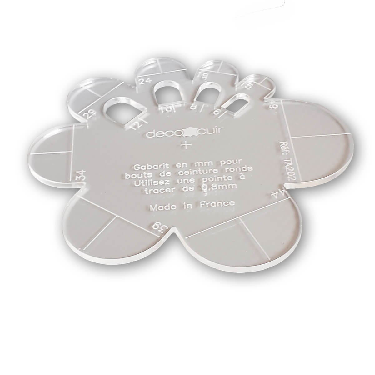Gabarit pour bouts de ceinture ronds en millimètres, outil Deco Cuir pour la fabrication de ceintures en cuir.
