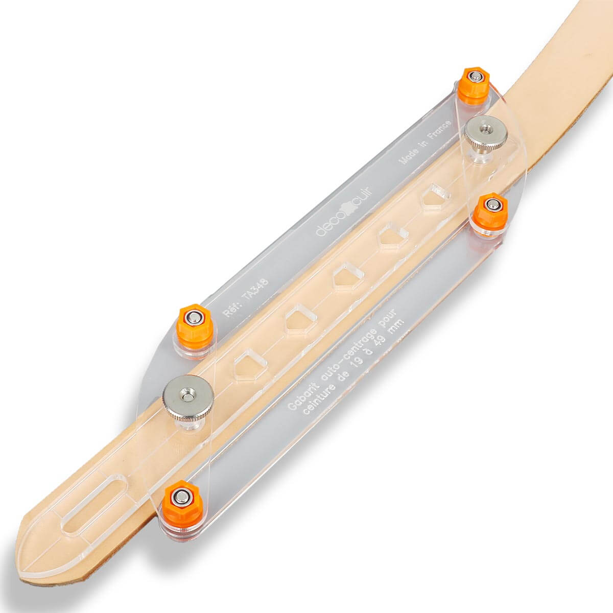 Gabarit auto-centrage pour trous de ceinture en cuir, outil Deco Cuir, pour trous de 19 à 49 mm, en image.