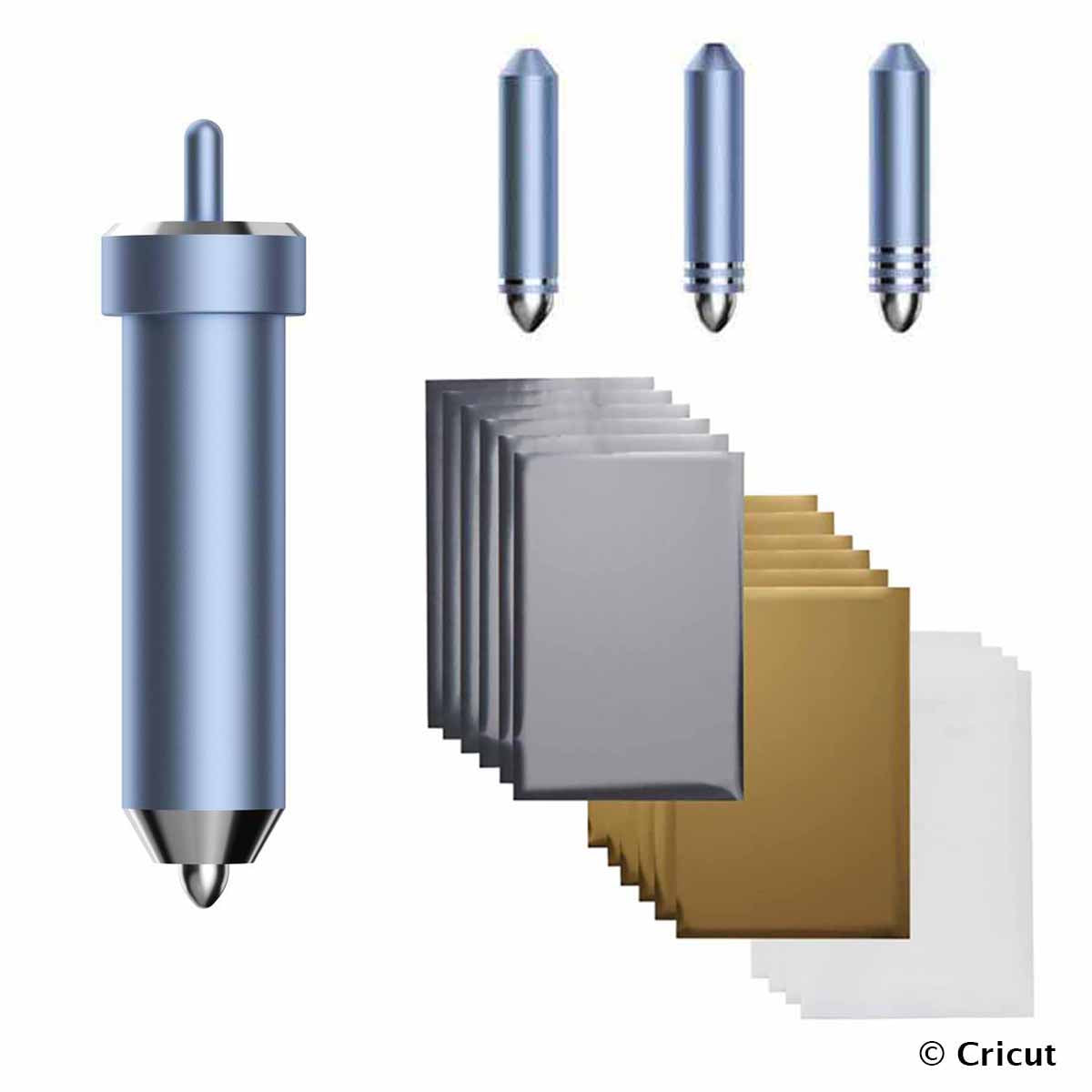 Kit de transfert de foil Cricut, outils pour appliquer du foil sur projets créatifs, avec feuilles et accessoires inclus.