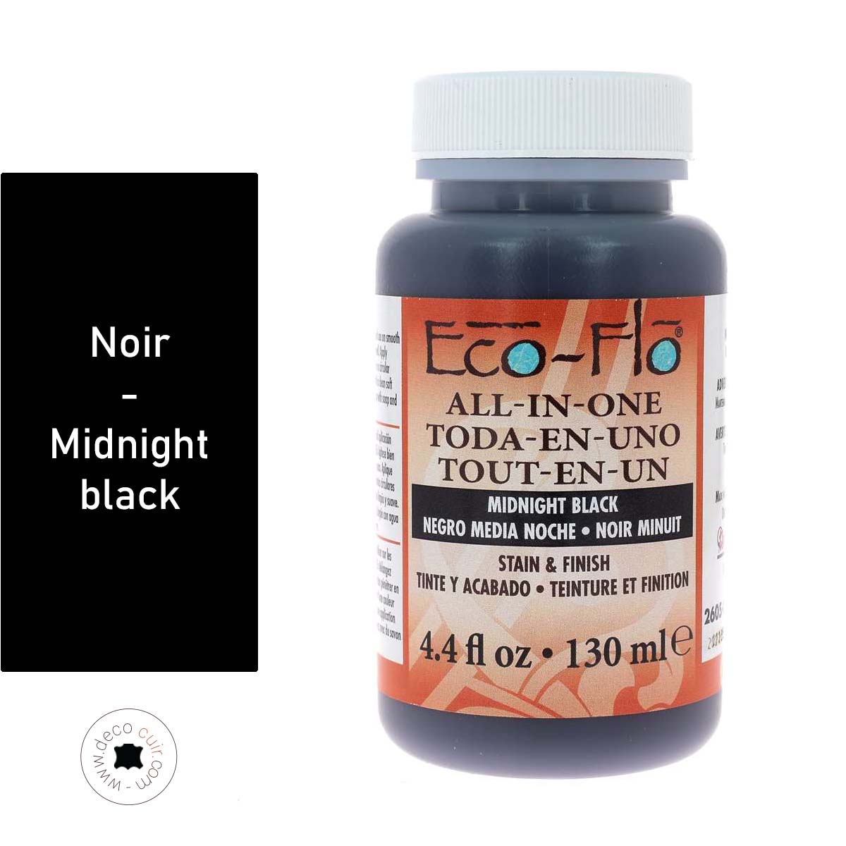 Teinture 2 en 1 pour cuir Eco-Flo, 130ml, couleur noir midnigth black, appliquée sur un cuir noir.