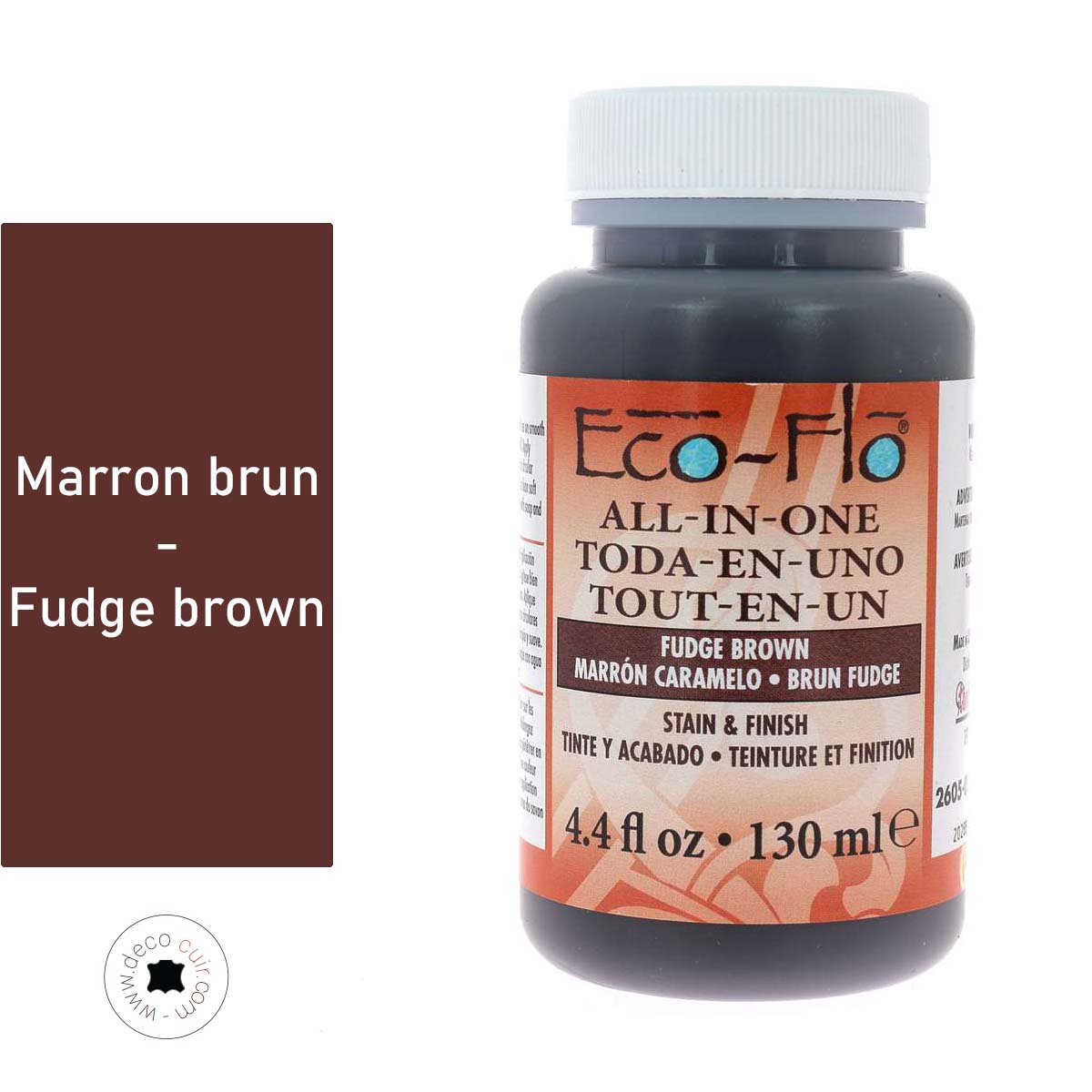 Teinture 2 en 1 pour cuir Eco-Flo, couleur marron brun, 130ml, pour réparer et colorer le cuir avec précision.