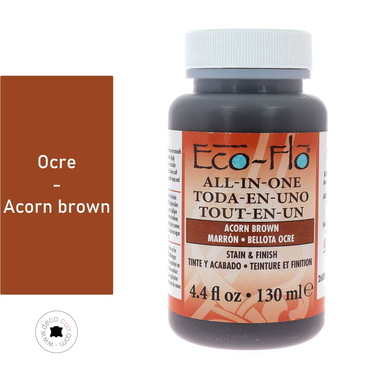 Teinture 2 en 1 pour cuir Eco-Flo, 130ml, couleur ocre / acorn brown, applicateur et fini sur cuir naturel.