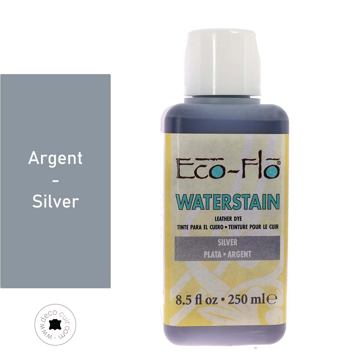 Additif pour teinture Eco-Flo Waterstain argent, flacon de 250ml, utilisé pour teindre et patiner le bois ou autres matériaux.