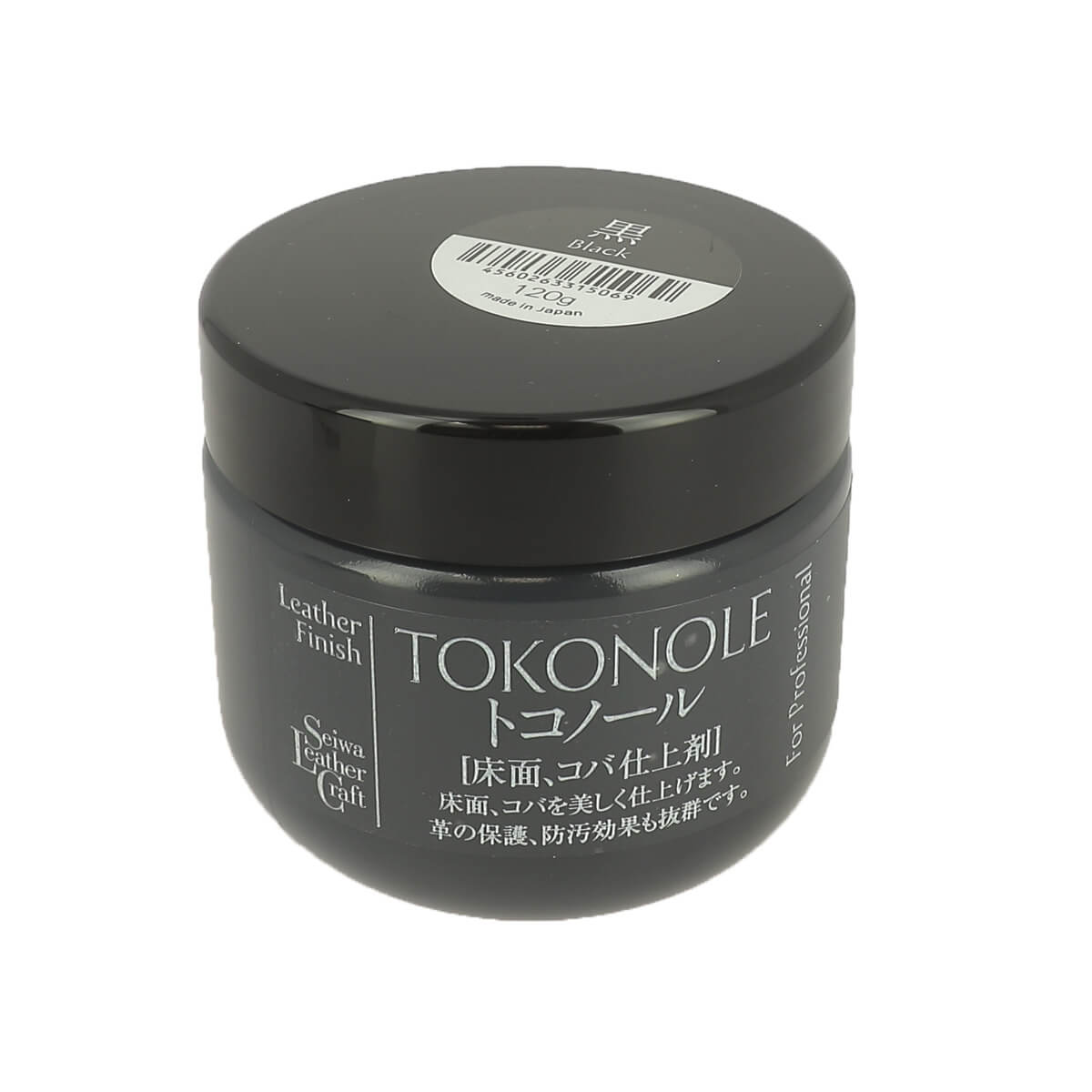 Gomme de finition Tokonole pour cuir noir, 120g, utilisée pour finaliser et protéger les surfaces en cuir.