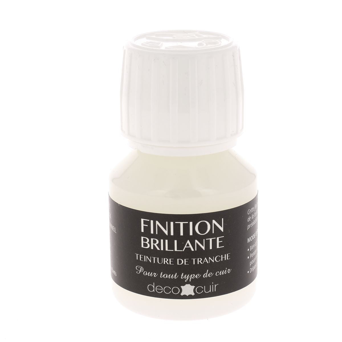 Finition brillante pour teinture de tranche en cuir, deco cuir, dans un flacon de 60 ml.