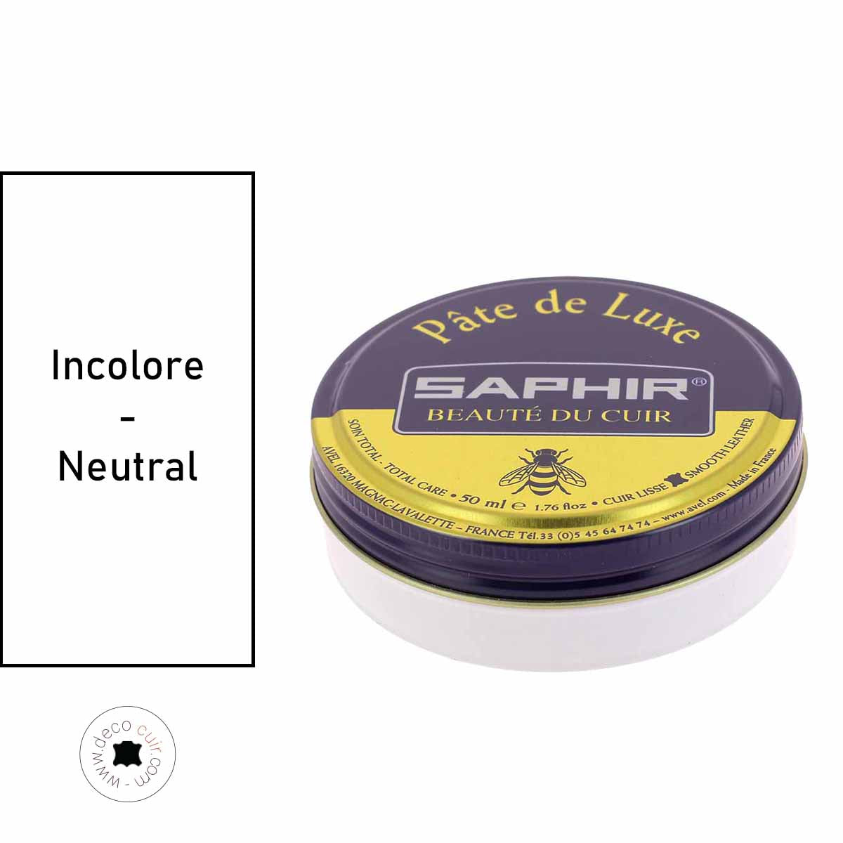 Cirage pâte de luxe incolore Saphir pour l'entretien du cuir, contenant 50 ml, texture riche et soyeuse.