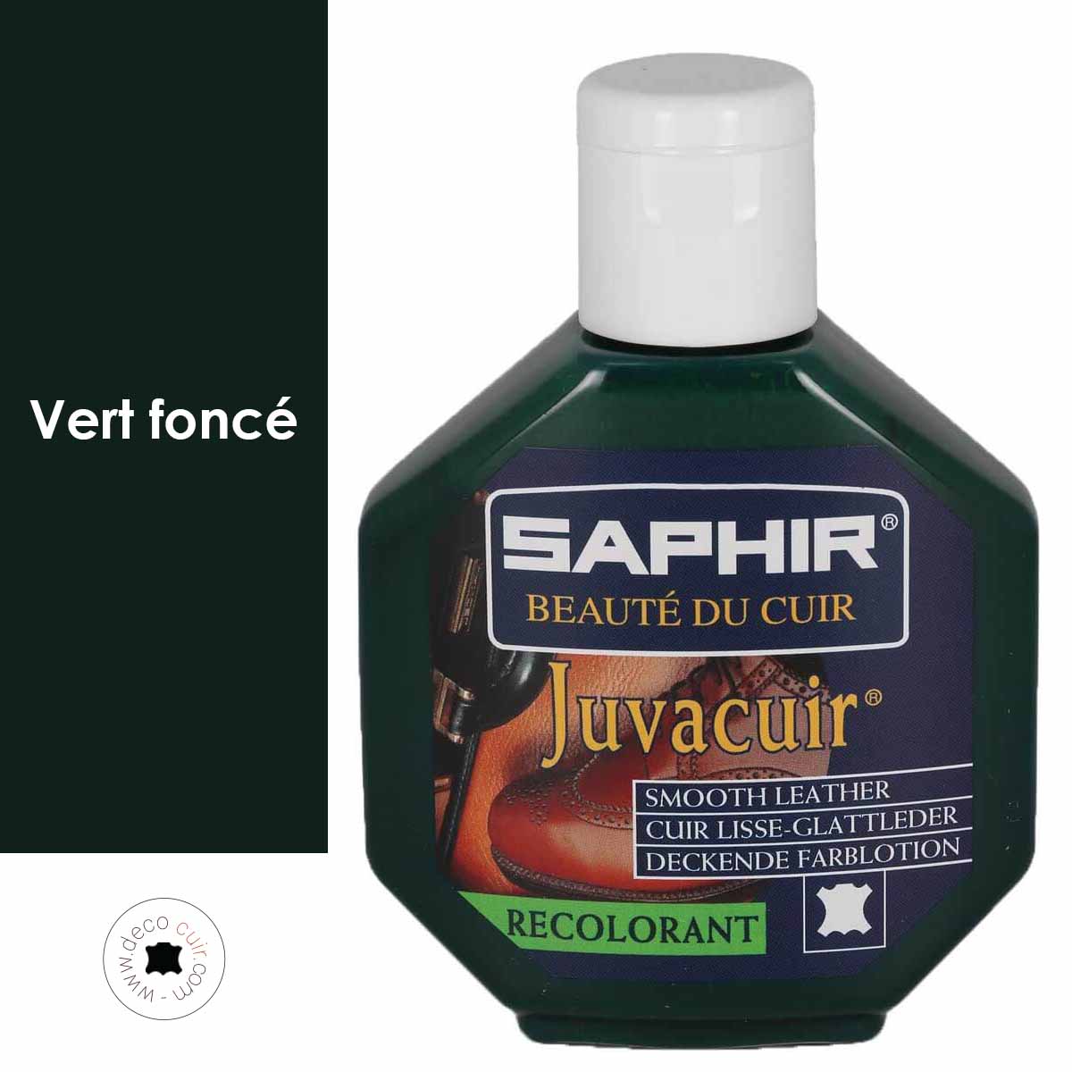 Recolorant pour cuir Saphir Juvacuir 75 ml, vert foncé, pour l’entretien et la restauration du cuir.