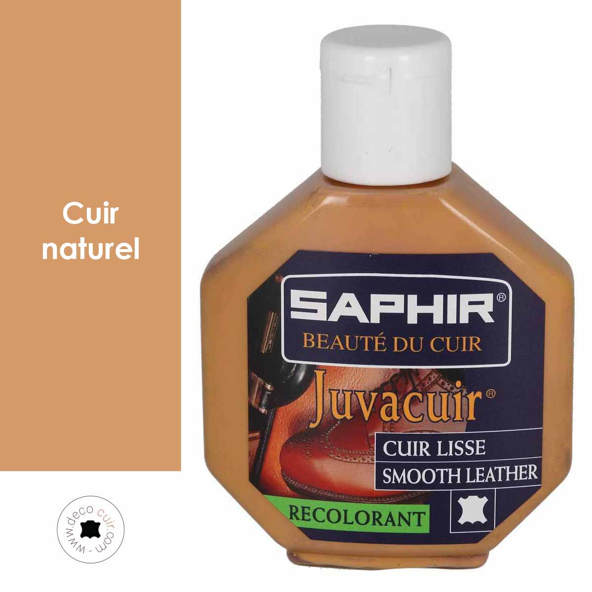 Recolorant pour cuir Saphir Juvacuir, 75 ml, pour l’entretien du cuir naturel, bouteille avec étiquette bleue et liquide coloré