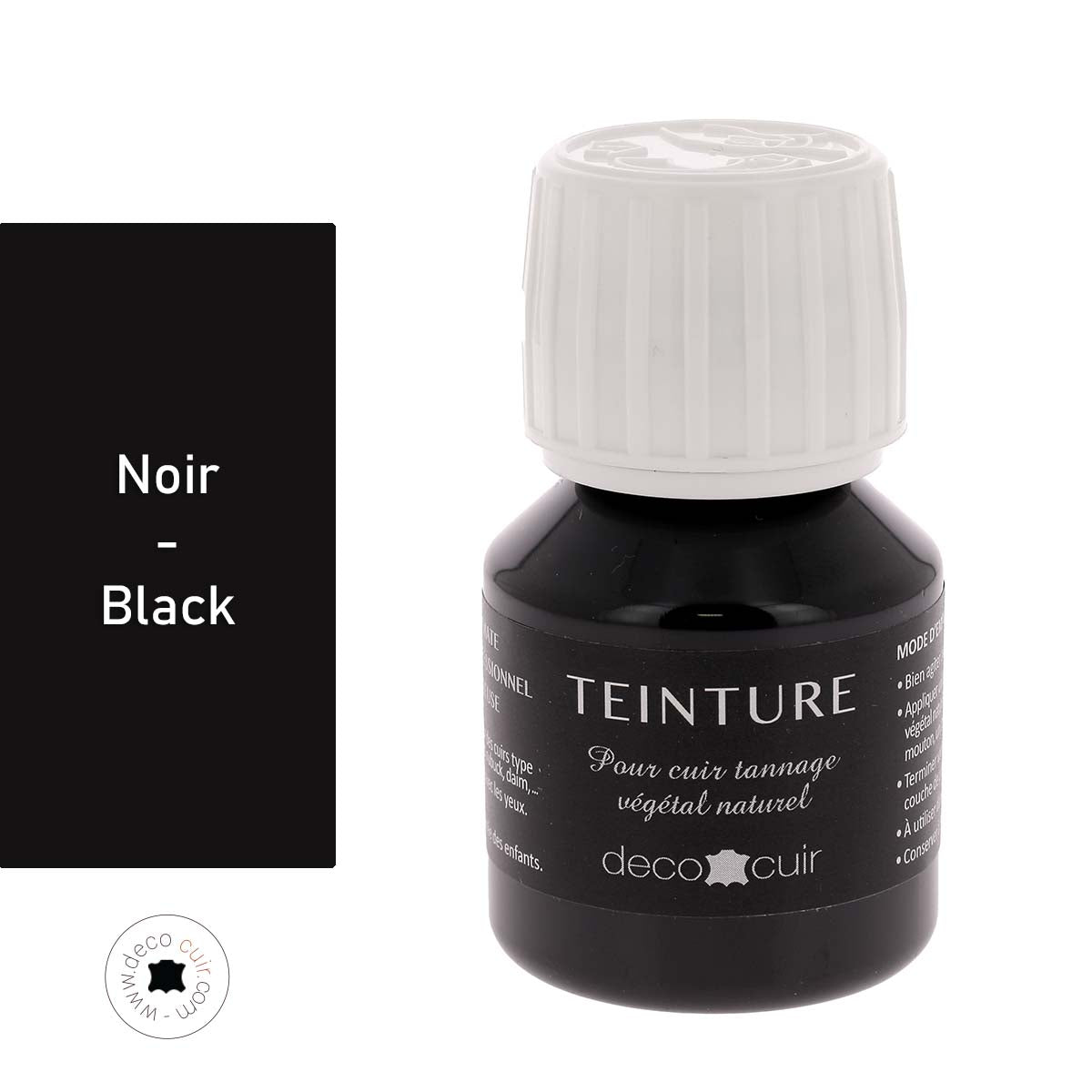 Teinture base aqueuse Deco Cuir noire pour cuir, 60ml, dans un flacon avec étiquette, idéale pour la restauration et la coloration.