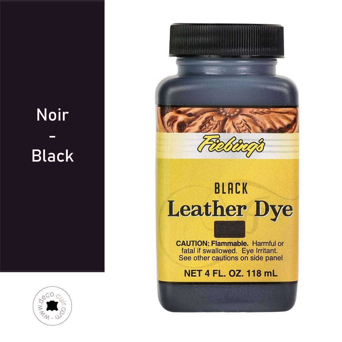 Teinture pour cuir Fiebing's Leather dye noire, 118ml, liquide colorant pour cuir, bouteille avec étiquette visible.