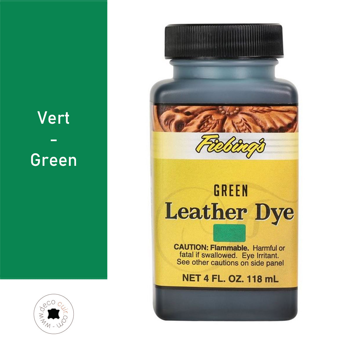 Teinture pour cuir Fiebing's Leather dye en vert, flacon de 118ml, teintures et peintures pour le cuir.