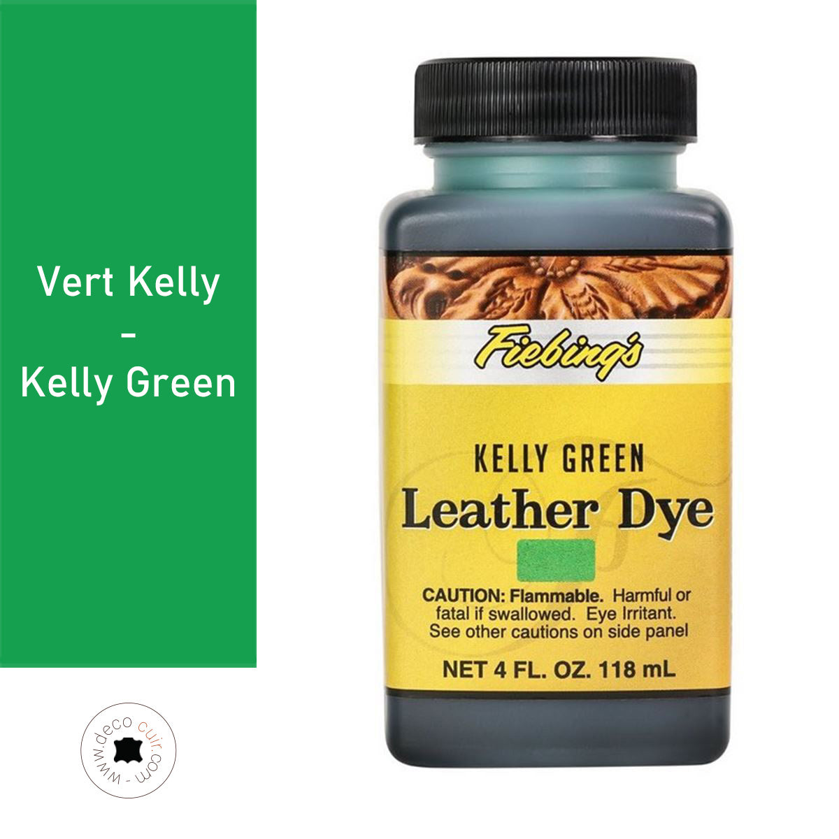 Teinture pour cuir Fiebing's Leather dye 118ml en vert Kelly, colorant liquide pour cuir, bouteille de teinture vert vif.