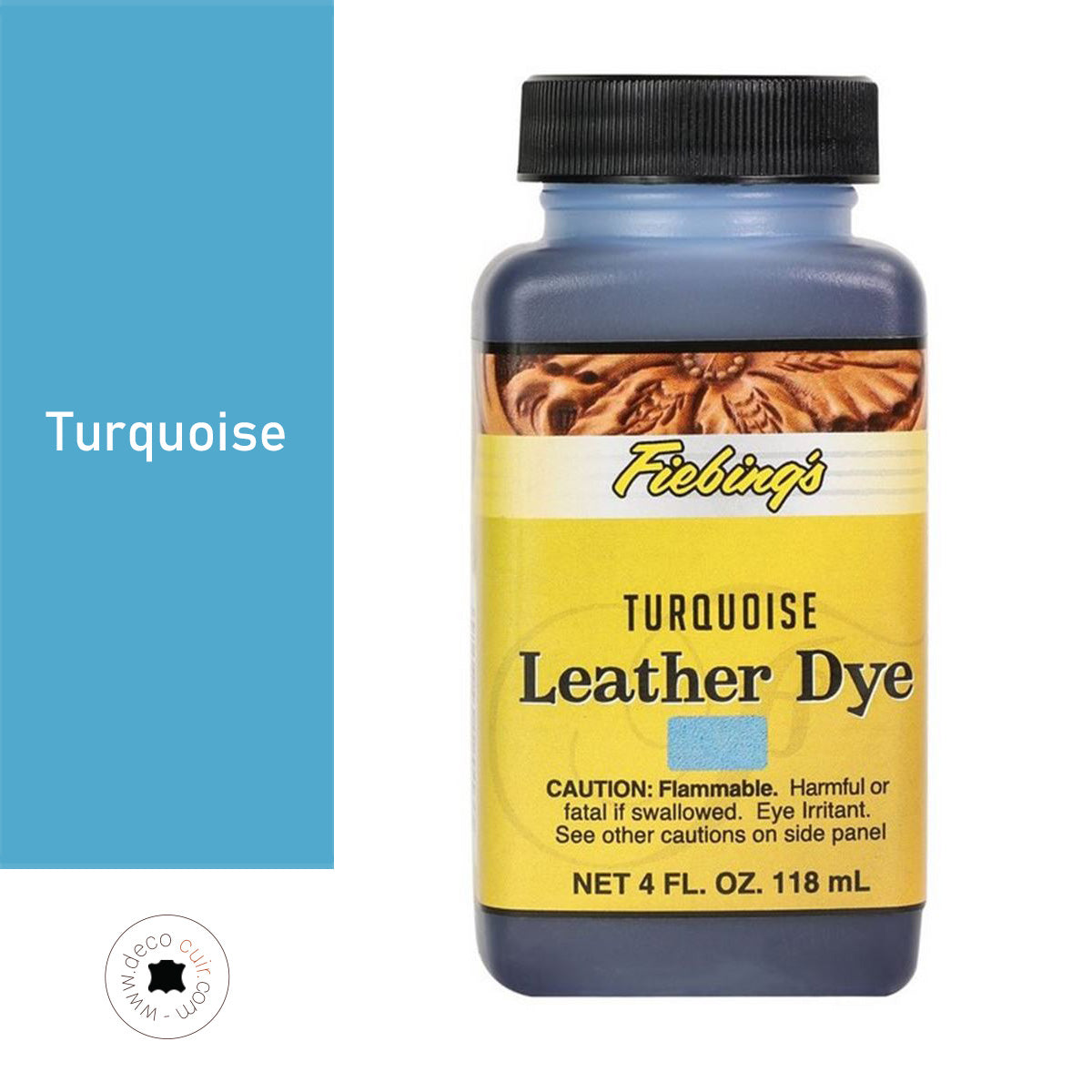 Teinture pour cuir Fiebing's Leather Dye 118ml en turquoise, bouteille de teinture pour cuir colorée.