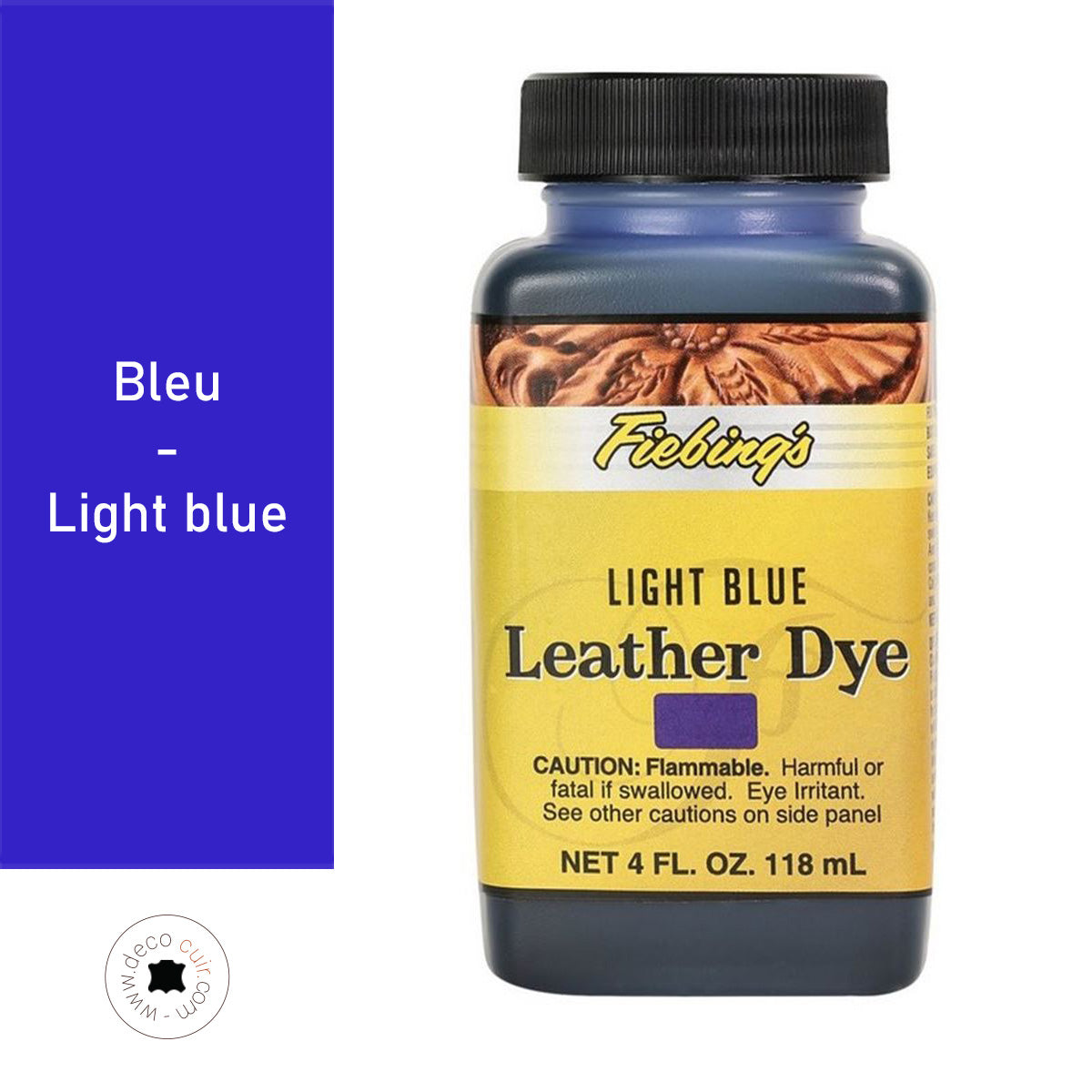 Teinture pour cuir Fiebing's Leather dye bleu clair, bouteille de 118 ml, liquide colorant pour cuir naturel.