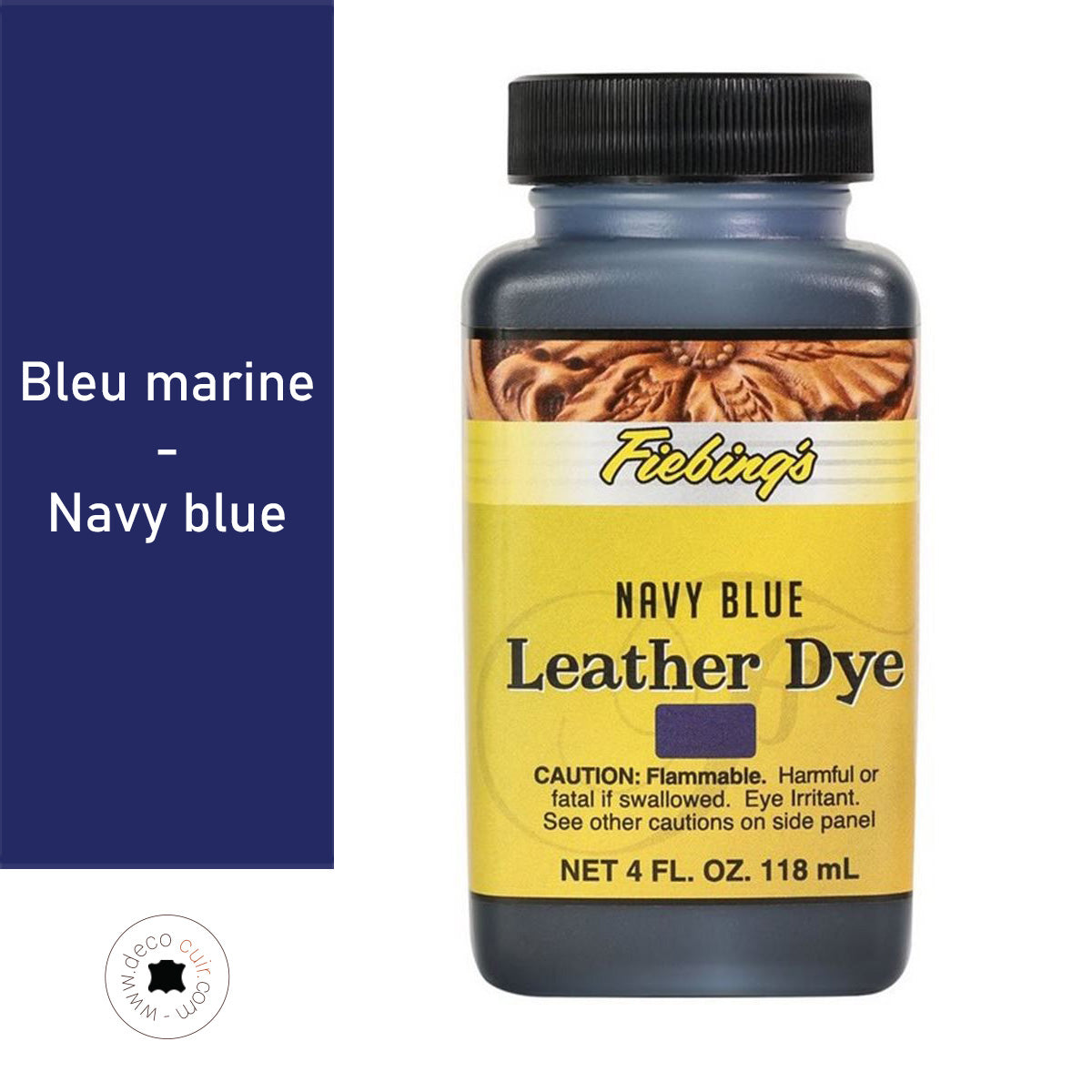 Teinture pour cuir Fiebing's Leather dye 118ml en bleu marine, flacon avec liquide pour teindre le cuir.