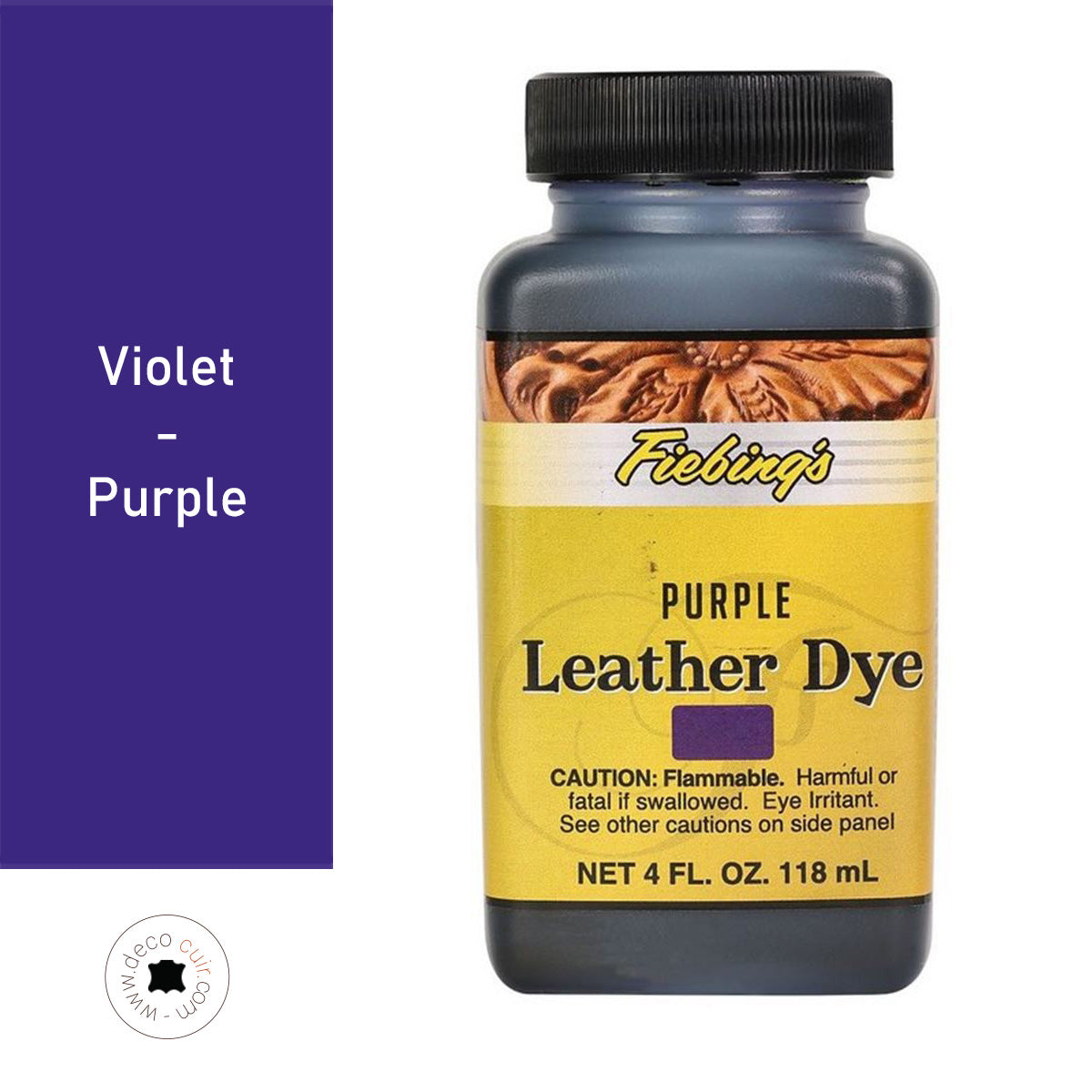 Teinture pour cuir Fiebing's Leather dye 118ml en violet, bouteille de teinture pour cuir souple et durable.