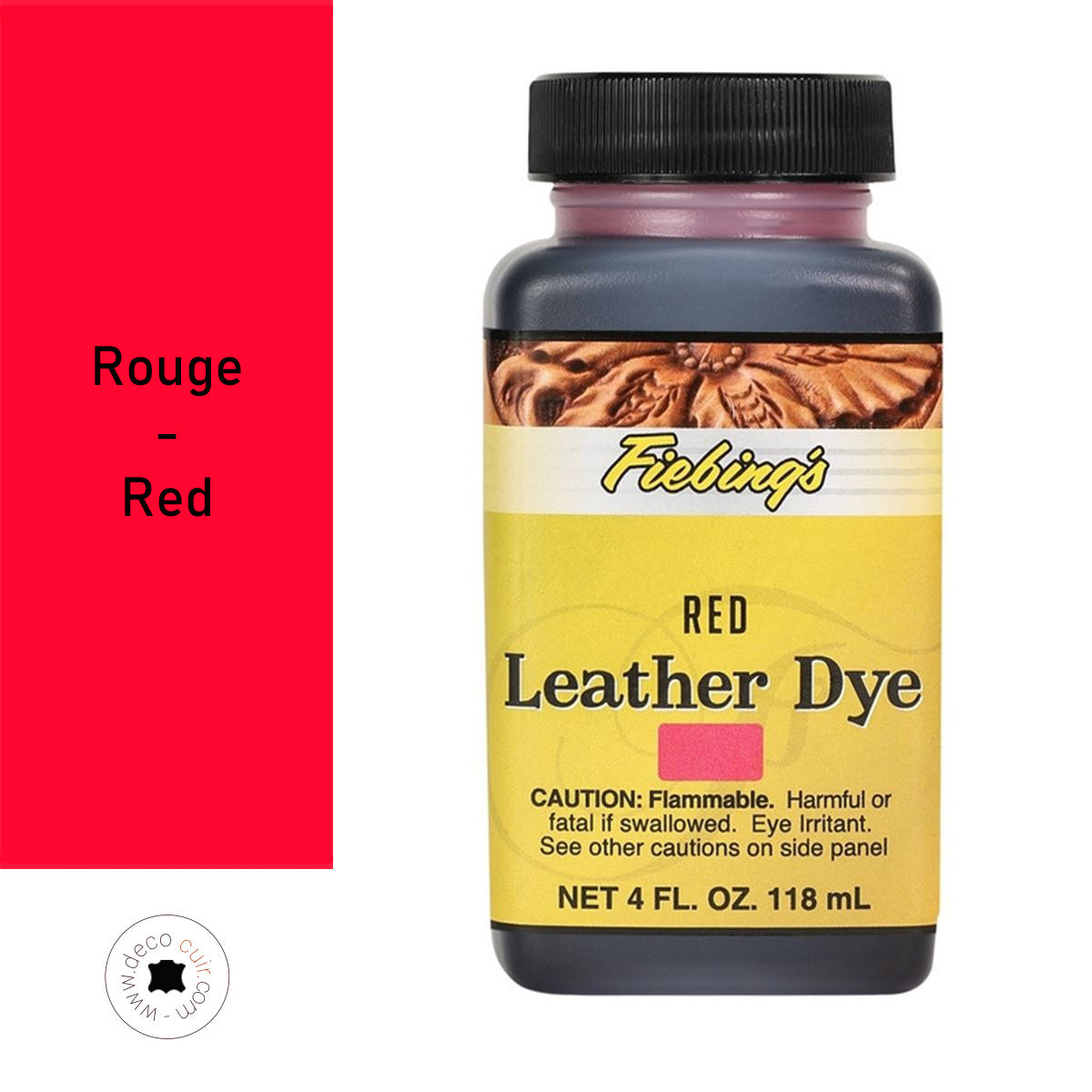 Teinture pour cuir Fiebing's Leather dye rouge, teintures et peintures pour rénovation de cuir, bouteille de 118 ml visible.