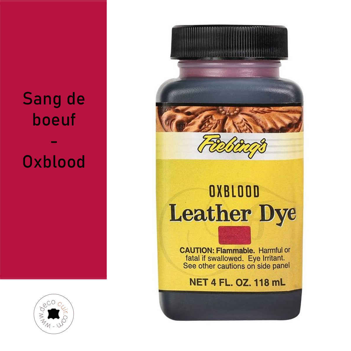 Teinture pour cuir Fiebing's Leather Dye 118ml, couleur Sang de Boeuf, bouteille de teinture pour réparation et customization du cuir