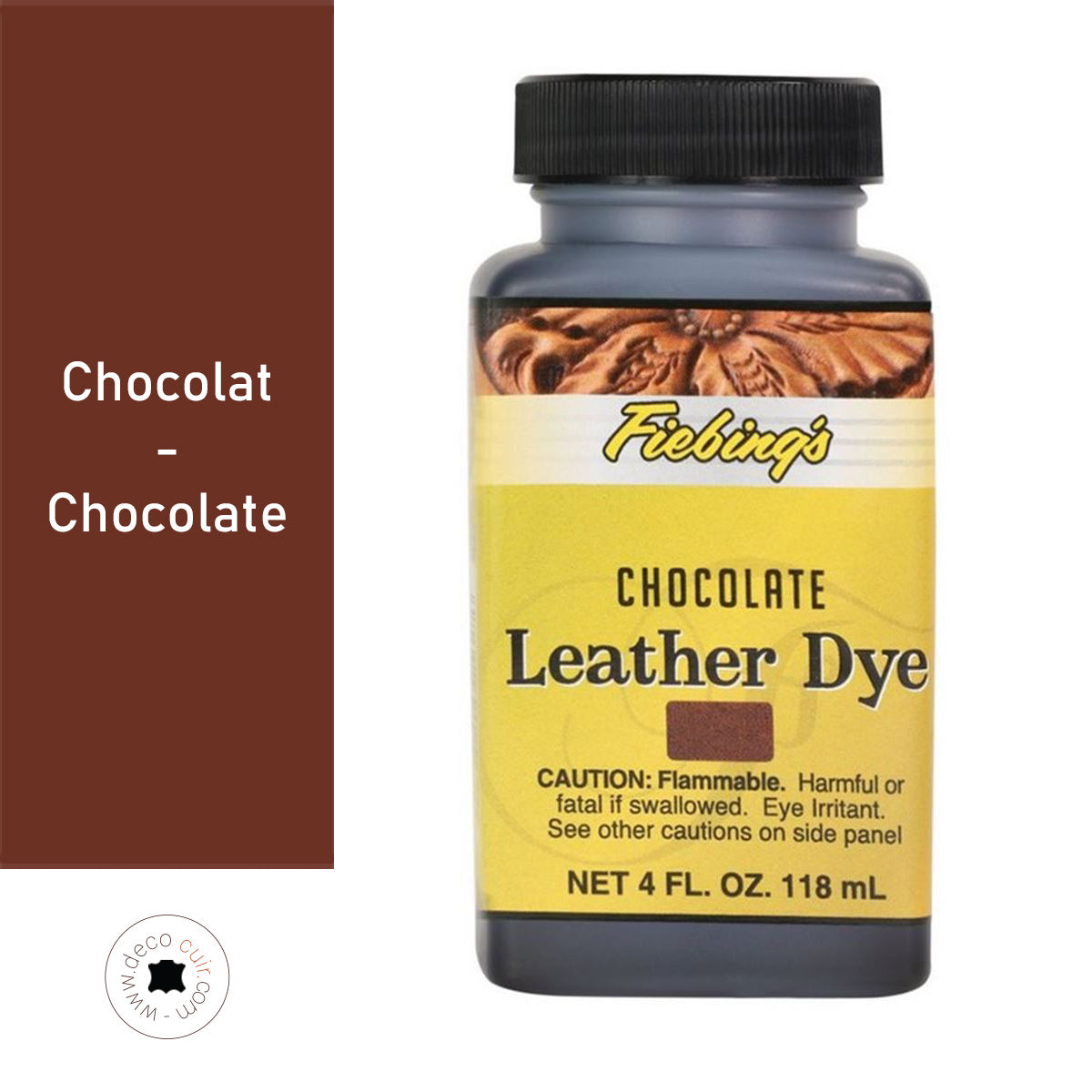 Teinture pour cuir Fiebing's Leather Dye couleur chocolat, flacon de 118 ml, liquide pour coloration de cuir.