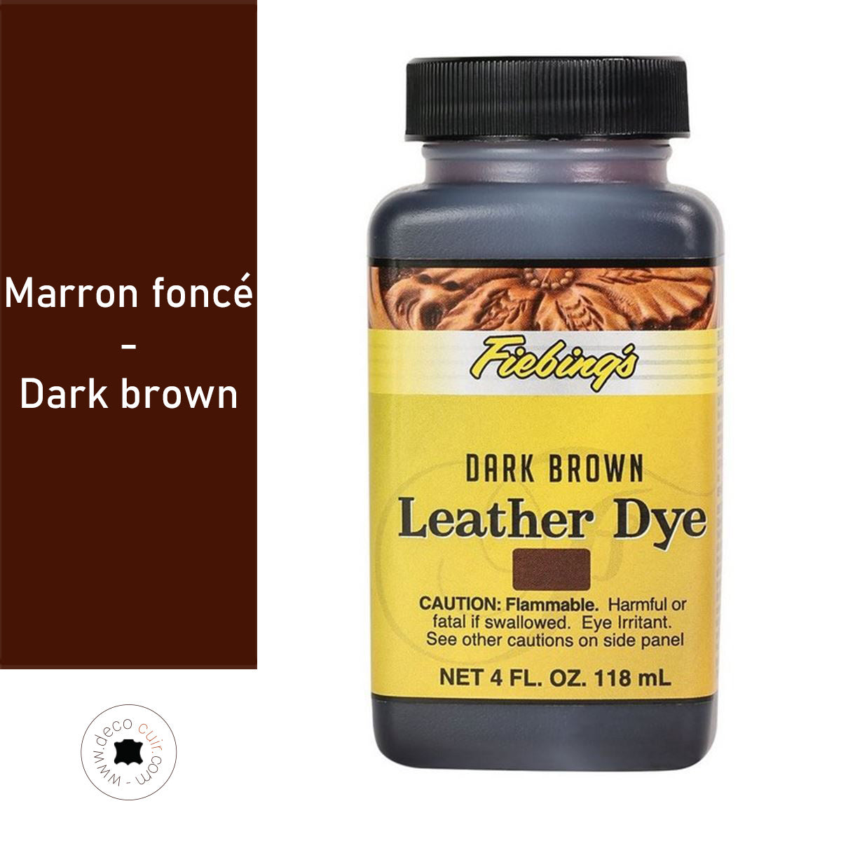 Teinture pour cuir Fiebing's Leather dye, couleur marron foncé, 118 ml, liquide pour restauration et coloration du cuir.