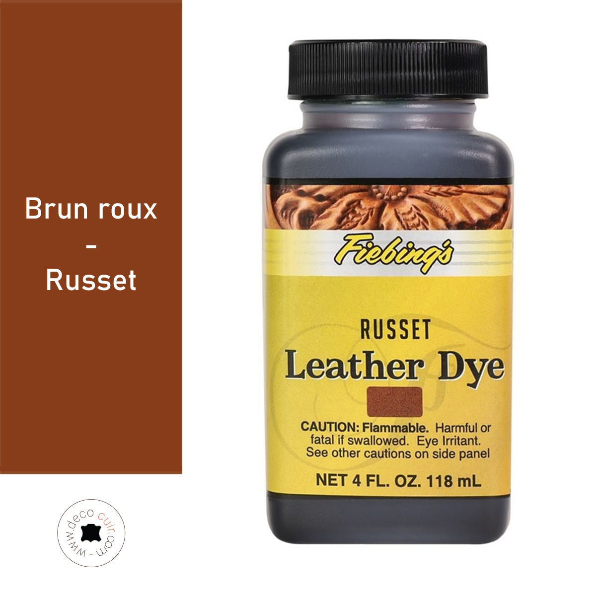 Teinture pour cuir Fiebing's Leather dye 118ml, brun roux, application sur un cuir naturel, teinte riche et uniforme.