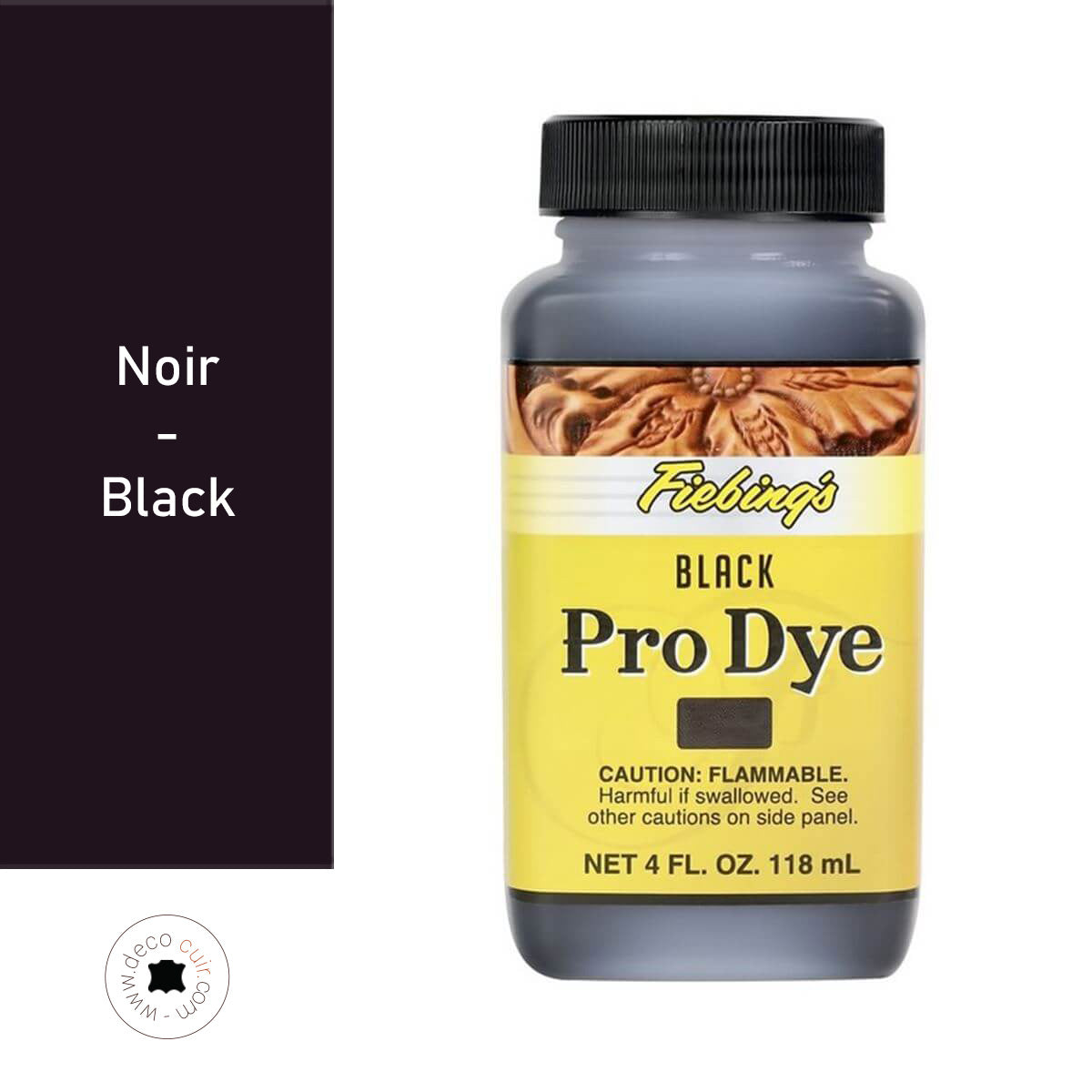 Teinture à l'huile Fiebing's Pro Dye noir pour cuir, 118 ml, liquide pour colorer et restaurer les articles en cuir.
