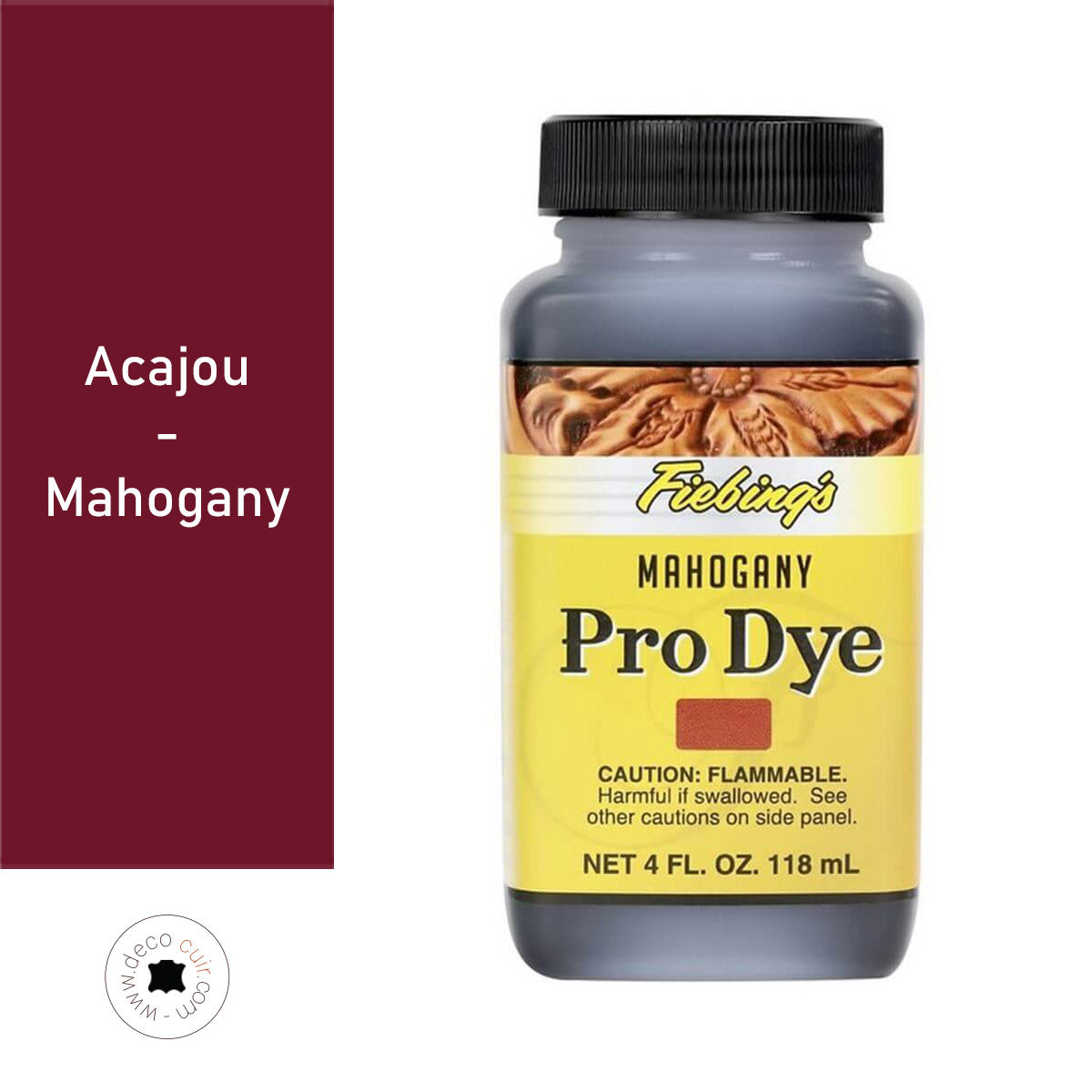 Teinture à l'huile Fiebing's Pro Dye 118ml couleur acajou, idéale pour cuir et projets de teinture.