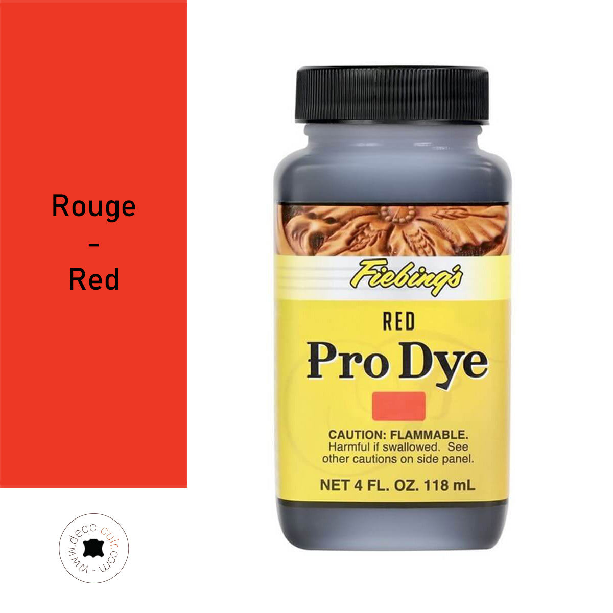Teinture à l'huile Fiebing's Pro Dye rouge, 118ml, liquide pour cuir et matériaux, image montrant la bouteille avec étiquette rouge
