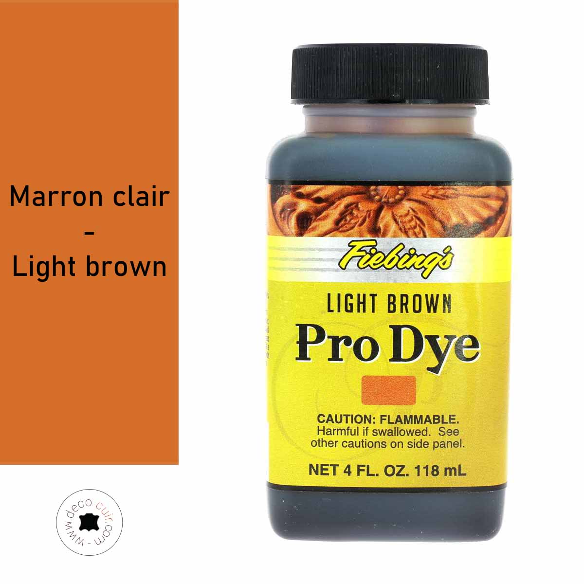 Teinture à l'huile Fiebing's Pro Dye marron clair pour cuir, finition durable et couleur riche, flacon de 118 ml.
