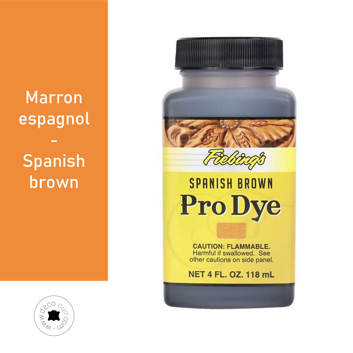 Teinture à l'huile Fiebing's Pro Dye 118ml en marron espagnol pour cuir, teintures et peintures de haute qualité.
