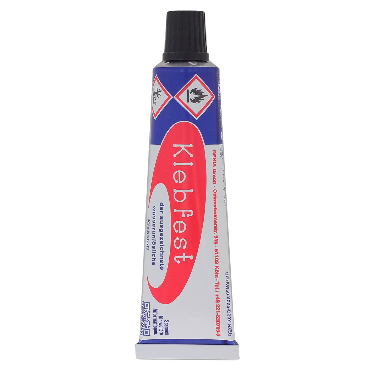 Tube de colle néoprène Klebfest RENIA pour cuir, tube de 30g avec applicateur précis, idéal pour réparation et collage de cuir.