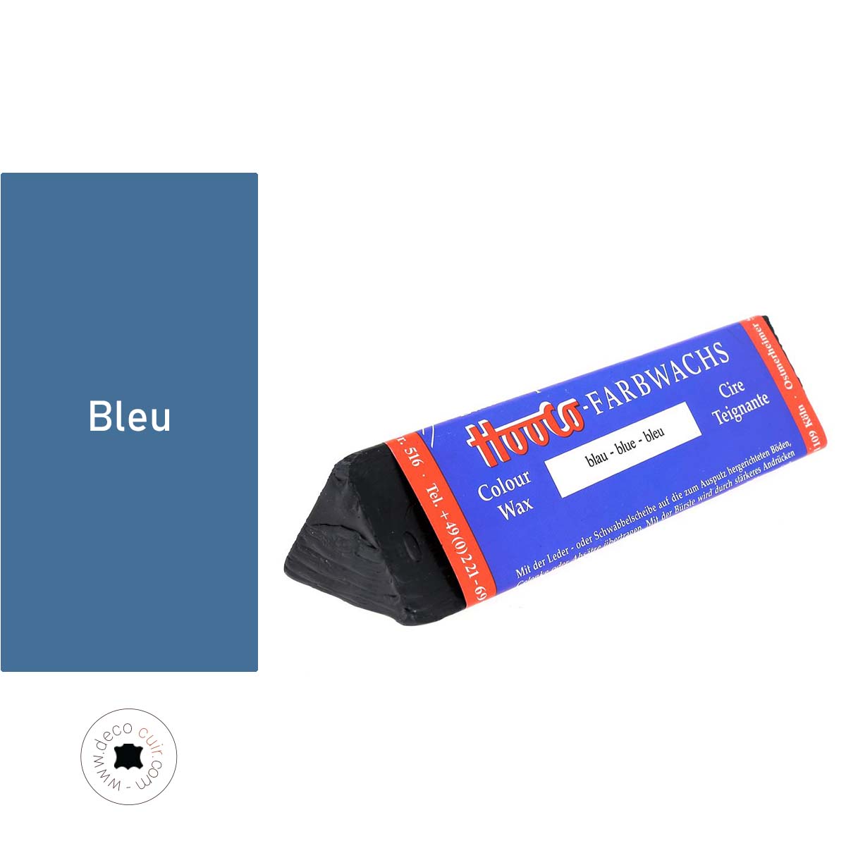 Cire teignante pour cuir Hooco de couleur bleue, entretien et coloration du cuir.